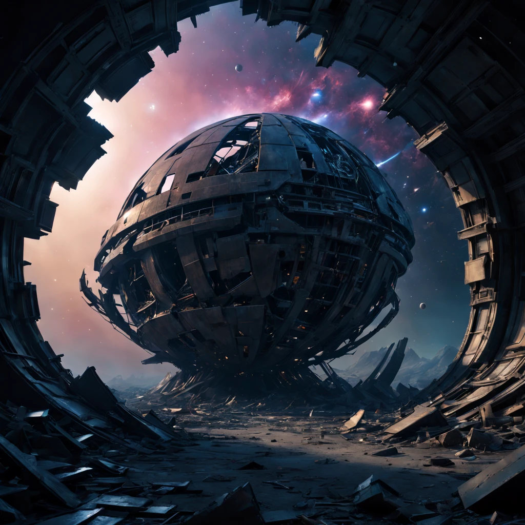(best quality,4k,highres),(ultra-detailed,realistic:1.37),(sci-fi),(HDR,UHD,studio lighting),(dark and mysterious ambiance,bluish tint),(ancient,otherworldly),(gigantic wreckage),(floating in space),(highly damaged),(metal debris),(large and imposinysterious aura),(advanced alien technology),(glowing symbols),(interstellar travel),(silent and eerie),(space exploration),(unearthly atmosphere),(void of stars),(twisted and distorted structure),(shattered windows),(long corridoruturistic architecture),(fading colors),(deserted and abandoned),(engraved enigmaquisite craftsmanship),(timeless)(end)