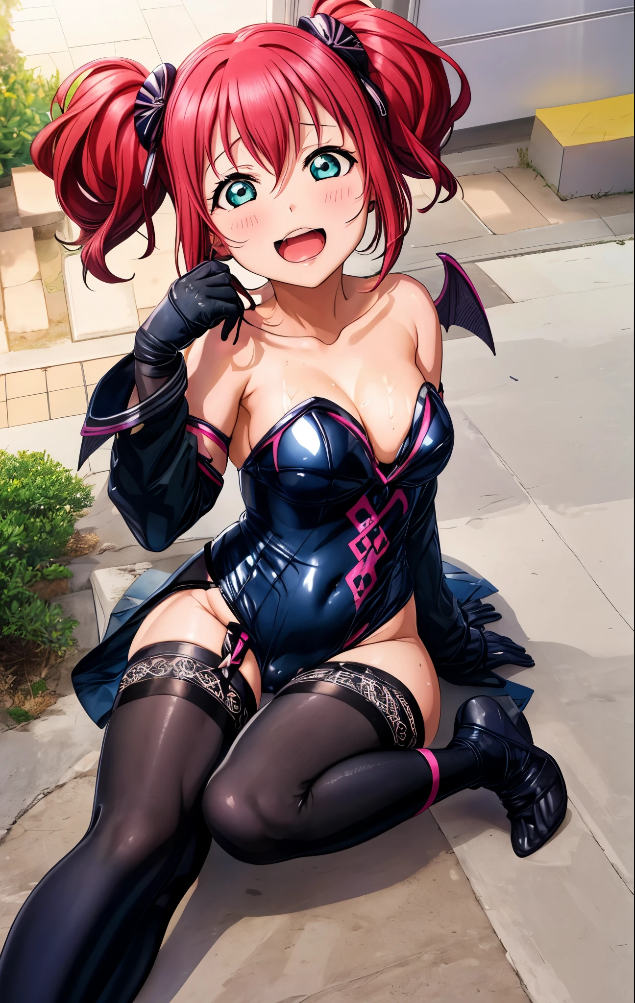 Kurosawa ruby, twintails, desire to have sex, (begging for sex:1.3), (strapless high-leg leotard), thighs, succubus wings,red face.