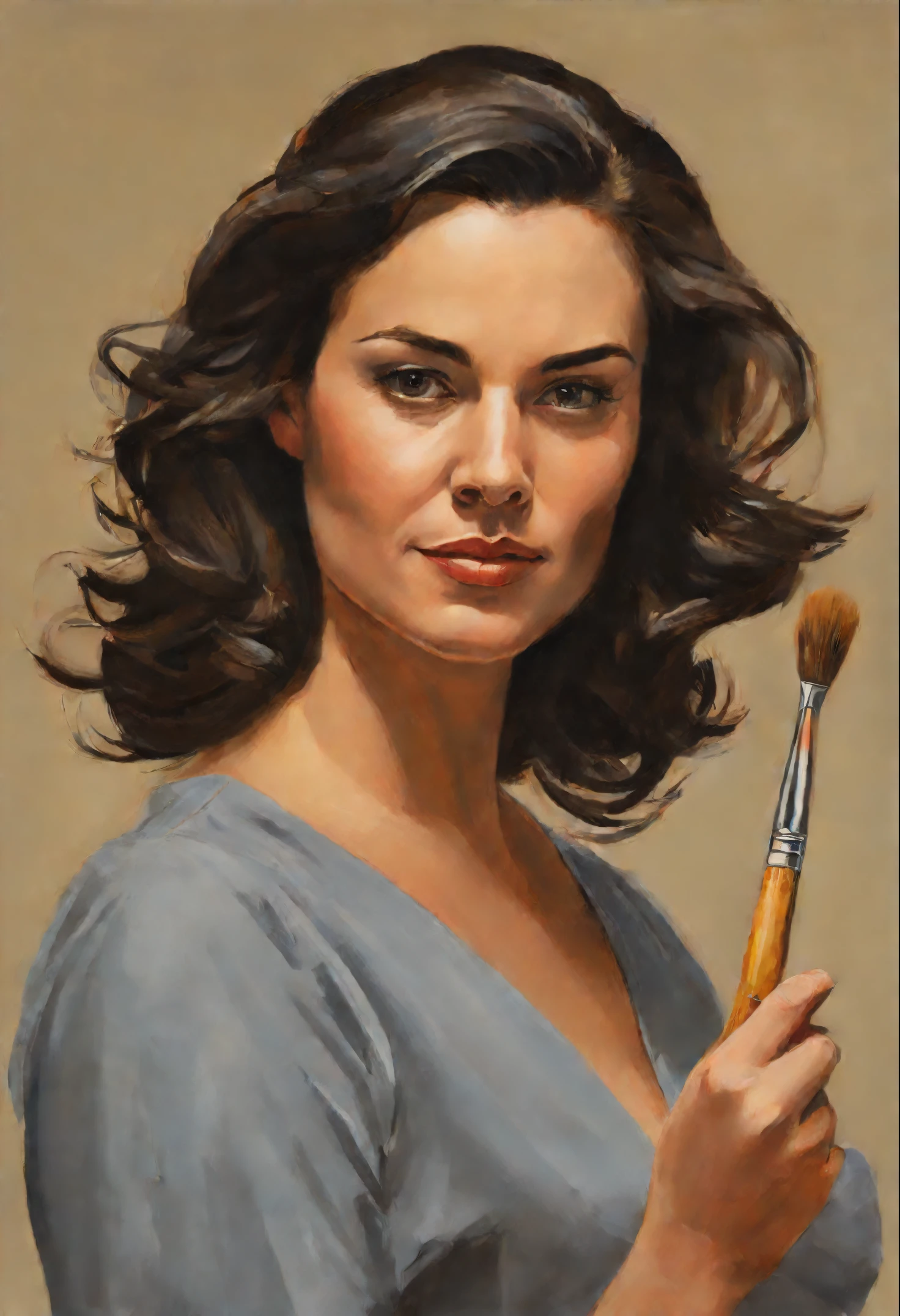 painting of a woman with a paintbrush and palette in her hand, Painted portrait of the character, beautiful Drawing characters, detailed character portrait, Drawing characters, stålenhag, Character portrait, Phil Noto comicbook cover art, Character portrait, Oil painting of a realistic woman, painting of a woman, clothed non - nude portrait, Phil Noto, Character portrait