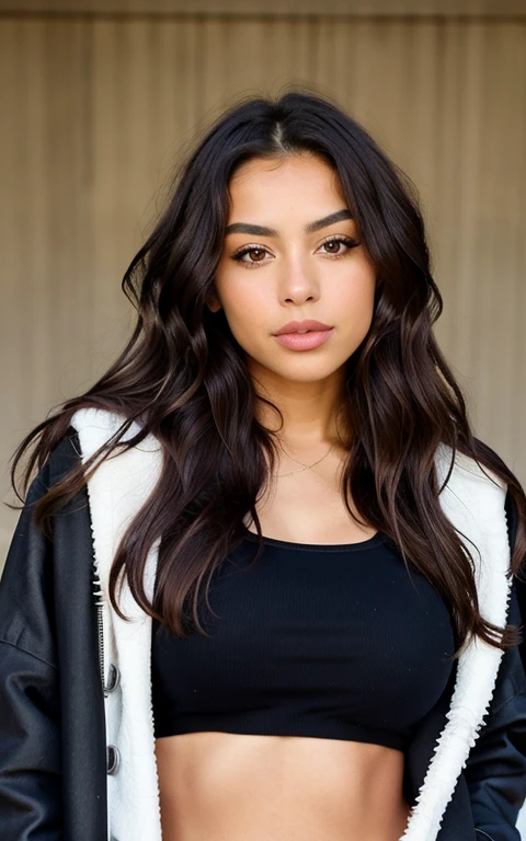 1 mexican girl, Long Wavy Hair, dark brown eyes, , hot jacket n croptop