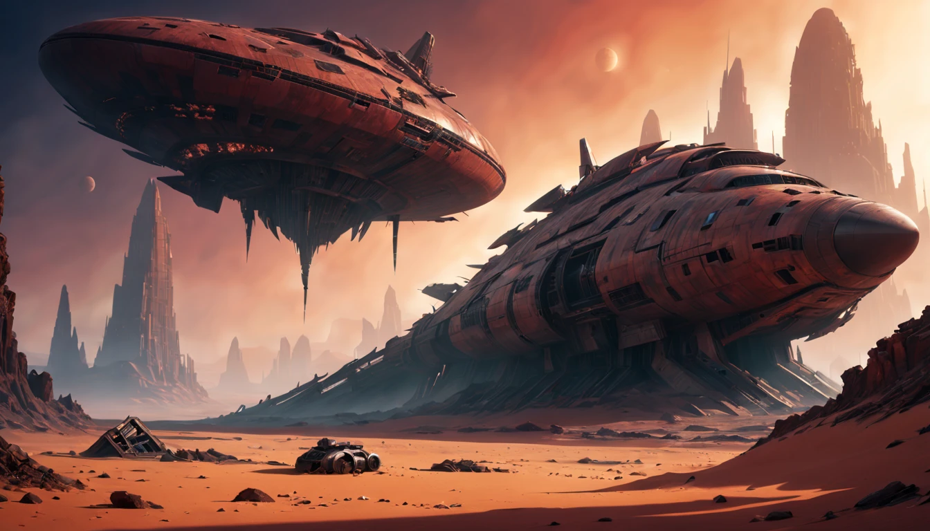 (best quality,4k,highres,ultra-detailed,realistic),ruined,ancient starship wreckage,red planet,mysterious atmosphere,alien technology,desolate landscape,sunset lighting,sci-fi-concept,futuristic aesthetics,metallic fragments,crumbling structures,dust and sand blowing,harsh environment,ancient ruins,distant mountains,cyberpunk influenece,alien artifacts,extraterrestrial heritage,curved hulls,imposing shadows,unearthly colors,engine remnants,massive turbines,spacefaring civilization remnants,haunting beauty,lost civilization traces,unexplored secrets,remote location,sci-fi exploration,vivid colors,unimaginable scale