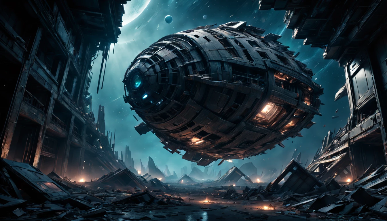 (best quality,4k,highres),(ultra-detailed,realistic:1.37),(sci-fi),(HDR,UHD,studio lighting),(dark and mysterious ambiance,bluish tint),(ancient,otherworldly),(gigantic wreckage),(floating in space),(highly damaged),(metal debris),(large and imposinysterious aura),(advanced alien technology),(glowing symbols),(interstellar travel),(silent and eerie),(space exploration),(unearthly atmosphere),(void of stars),(twisted and distorted structure),(shattered windows),(long corridoruturistic architecture),(fading colors),(deserted and abandoned),(engraved enigmaquisite craftsmanship),(timeless)(end)