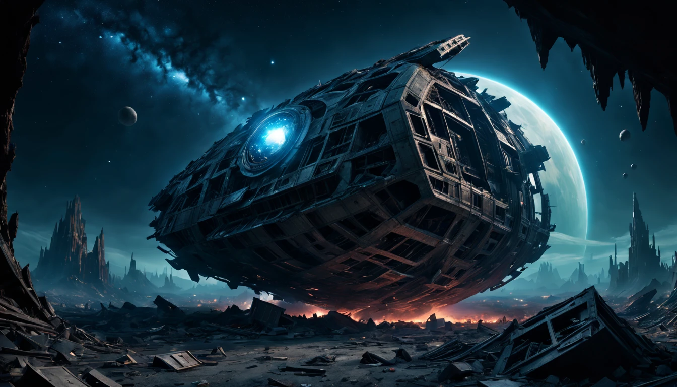 (best quality,4k,highres),(ultra-detailed,realistic:1.37),(sci-fi),(HDR,UHD,studio lighting),(dark and mysterious ambiance,bluish tint),(ancient,otherworldly),(gigantic wreckage),(floating in space),(highly damaged),(metal debris),(large and imposinysterious aura),(advanced alien technology),(glowing symbols),(interstellar travel),(silent and eerie),(space exploration),(unearthly atmosphere),(void of stars),(twisted and distorted structure),(shattered windows),(long corridoruturistic architecture),(fading colors),(deserted and abandoned),(engraved enigmaquisite craftsmanship),(timeless)(end)