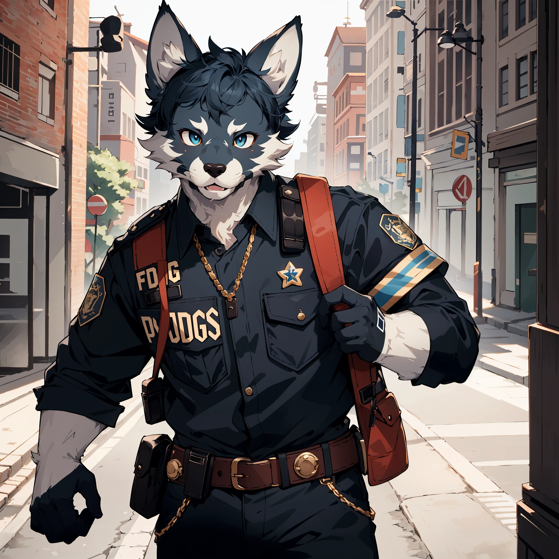 highres, paid reward available, unparalleled masterpiece, detailed background, street, depth of field, gasping for air, absurdres, perfect anatomy(furry anthro:1.7, kemono, solo focus, muscle man)(Furry body, dog facial features, dog body features)(very detailed body fur)full body, dignified, police officer, black police uniform, facial hair, good lighting, volumetric lighting, cinematic shadow,