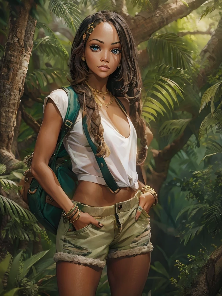 A woman (25 years old, hazel eyes, trendy makeup); from the Dominican Republic is standing in a jungle. She has long, braided hair and wears a backpack. She has small breasts and wide hips. She's wearing Dora the Explorer clothing (capri shorts, white top with a fist symbol), but it's more adult-like and exotic. She looks like a combination of Zoe Saldana, Dania Ramirez, and Julissa Bermudez. The photo should look like a painting and be in HD, 8k, and cinematic, highly detailed, top view.