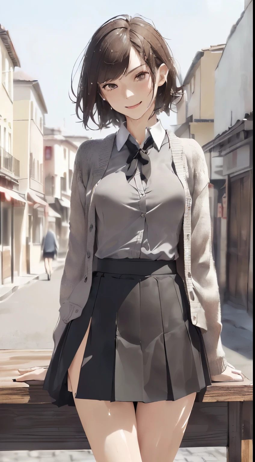 (((Skirt cracks))), (((skirt lift by yourself))), ((The skirt was lifted by the wind)), ((focal)), ((校服)), ((cardigan shirt)), ((mini-skirtig wind, Modern old town landscape,  (NSFW), 1 woman, Alone, 24 years of age, 7headed body, (Cute face), (ideal body proportions), (Composition from head to thighs), Smiling smile, The erection, , Wet with, short detailed hair, brunette color hair, small tits, A slender one, small, beautifullegs, lean legs, hyper realisitc, 电影灯光, depth of fields, A person's point of view, F/1.8, 135mm, north african free trade area, On the table, acurate, ((Anatomically correct)), ctextured skin, super detailing, high detal, high qulity, Award-winning, Best quality at best, A high resolution, 8K