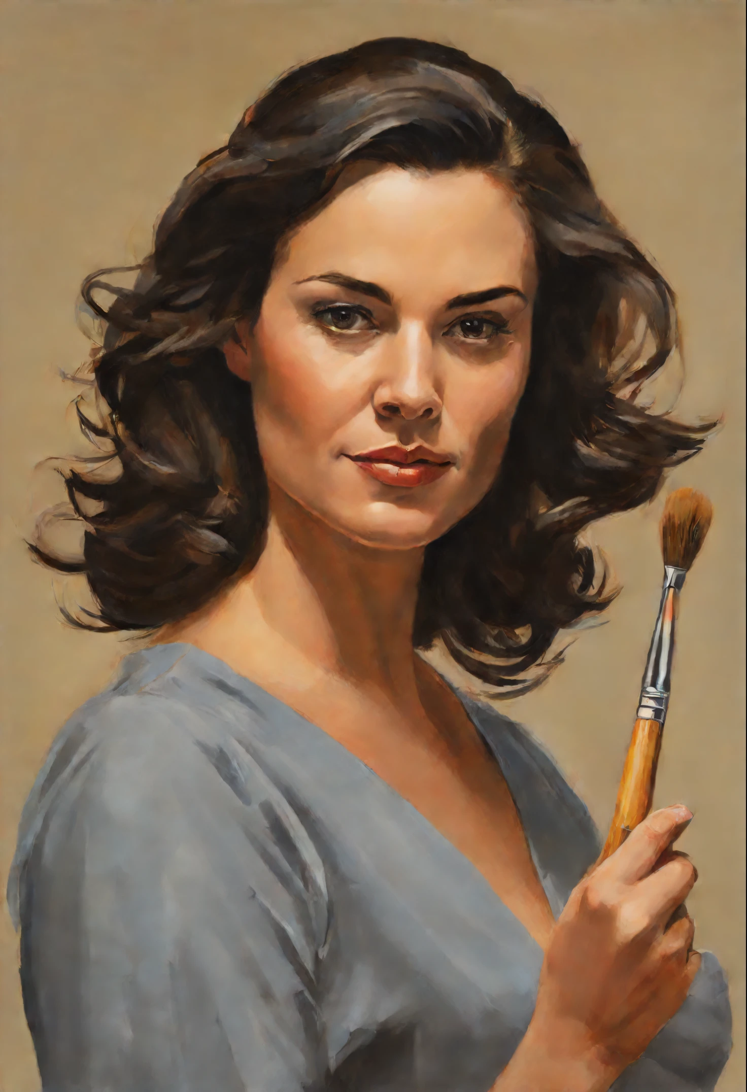 painting of a woman with a paintbrush and palette in her hand, Painted portrait of the character, beautiful Drawing characters, detailed character portrait, Drawing characters, stålenhag, Character portrait, Phil Noto comicbook cover art, Character portrait, Oil painting of a realistic woman, painting of a woman, clothed non - nude portrait, Phil Noto, Character portrait
