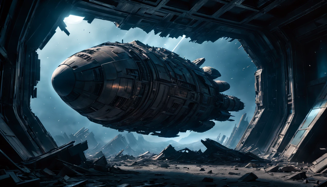(best quality,4k,highres),(ultra-detailed,realistic:1.37),(sci-fi),(HDR,UHD,studio lighting),(dark and mysterious ambiance,bluish tint),(ancient,otherworldly),(gigantic wreckage floating in space),(highly damaged),(metal debris),(large and imposinysterious aura),(advanced alien technology),(glowing symbols),(interstellar travel),(silent and eerie),(space exploration),(unearthly atmosphere),(void of stars),(twisted and distorted structure),(shattered windows),(long corridoruturistic architecture),(fading colors),(deserted and abandoned),(engraved enigmaquisite craftsmanship),(timeless)(end)