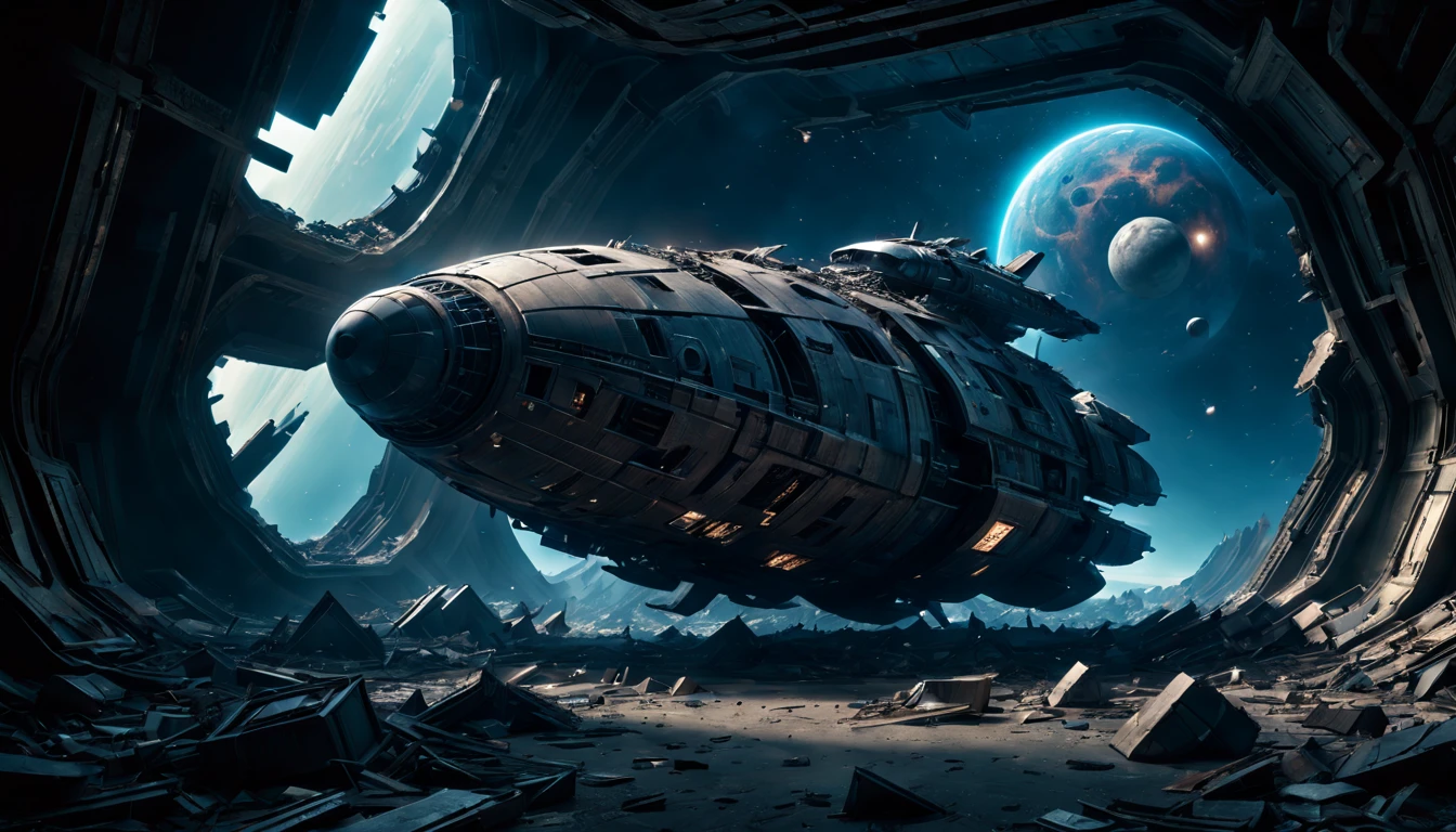 (best quality,4k,highres),(ultra-detailed,realistic:1.37),(sci-fi),(HDR,UHD,studio lighting),(dark and mysterious ambiance,bluish tint),(ancient,otherworldly),(gigantic wreckage floating in space),(highly damaged),(metal debris),(large and imposinysterious aura),(advanced alien technology),(glowing symbols),(interstellar travel),(silent and eerie),(space exploration),(unearthly atmosphere),(void of stars),(twisted and distorted structure),(shattered windows),(long corridoruturistic architecture),(fading colors),(deserted and abandoned),(engraved enigmaquisite craftsmanship),(timeless)(end)