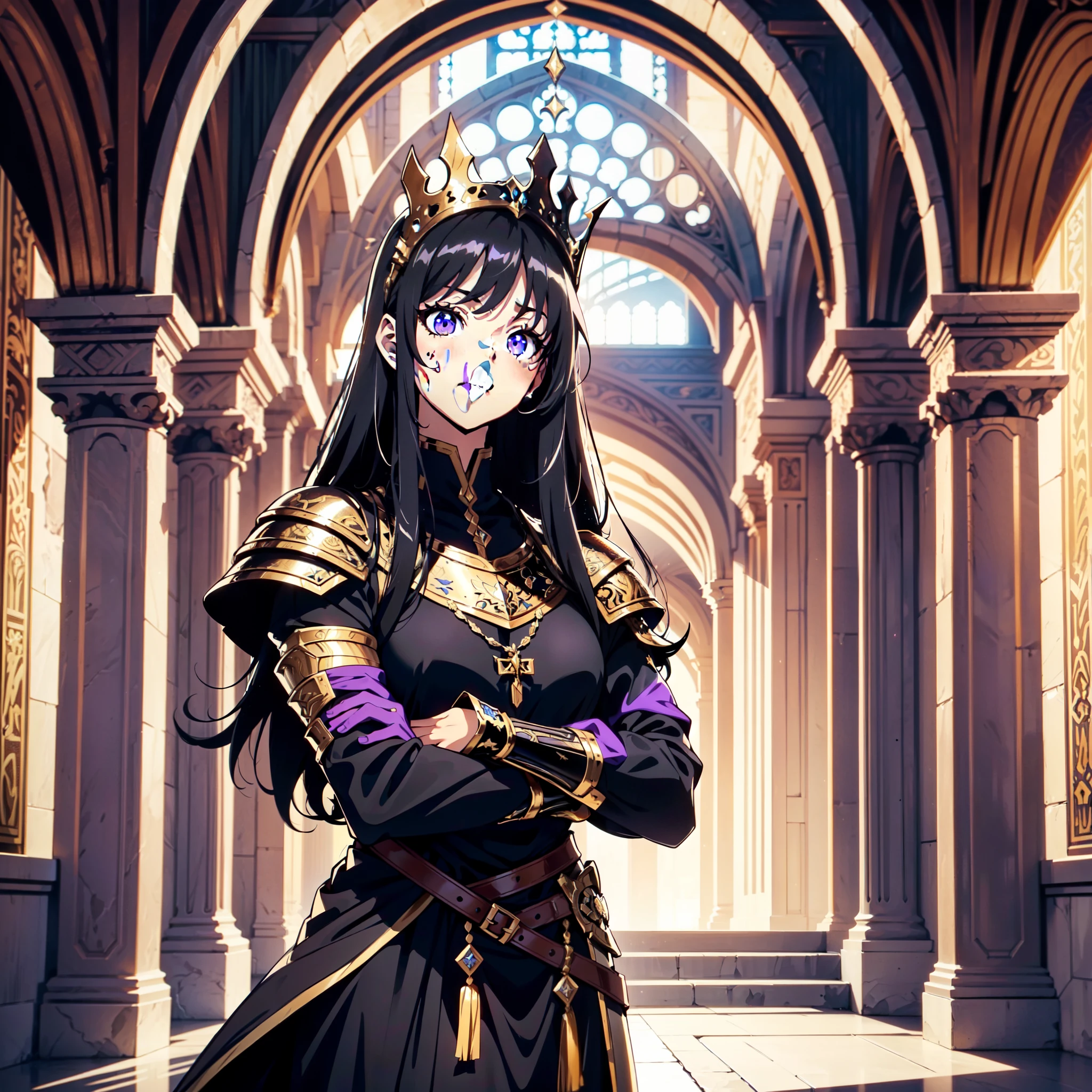 Anime girl in a black dress with a crown and purple gloves - SeaArt AI