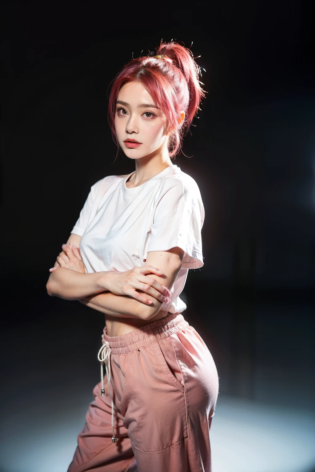 Tall with pink hair and a high ponytail, wearing short-sleeved sweatpants, with a cold expression and a super big two-dimensional look.