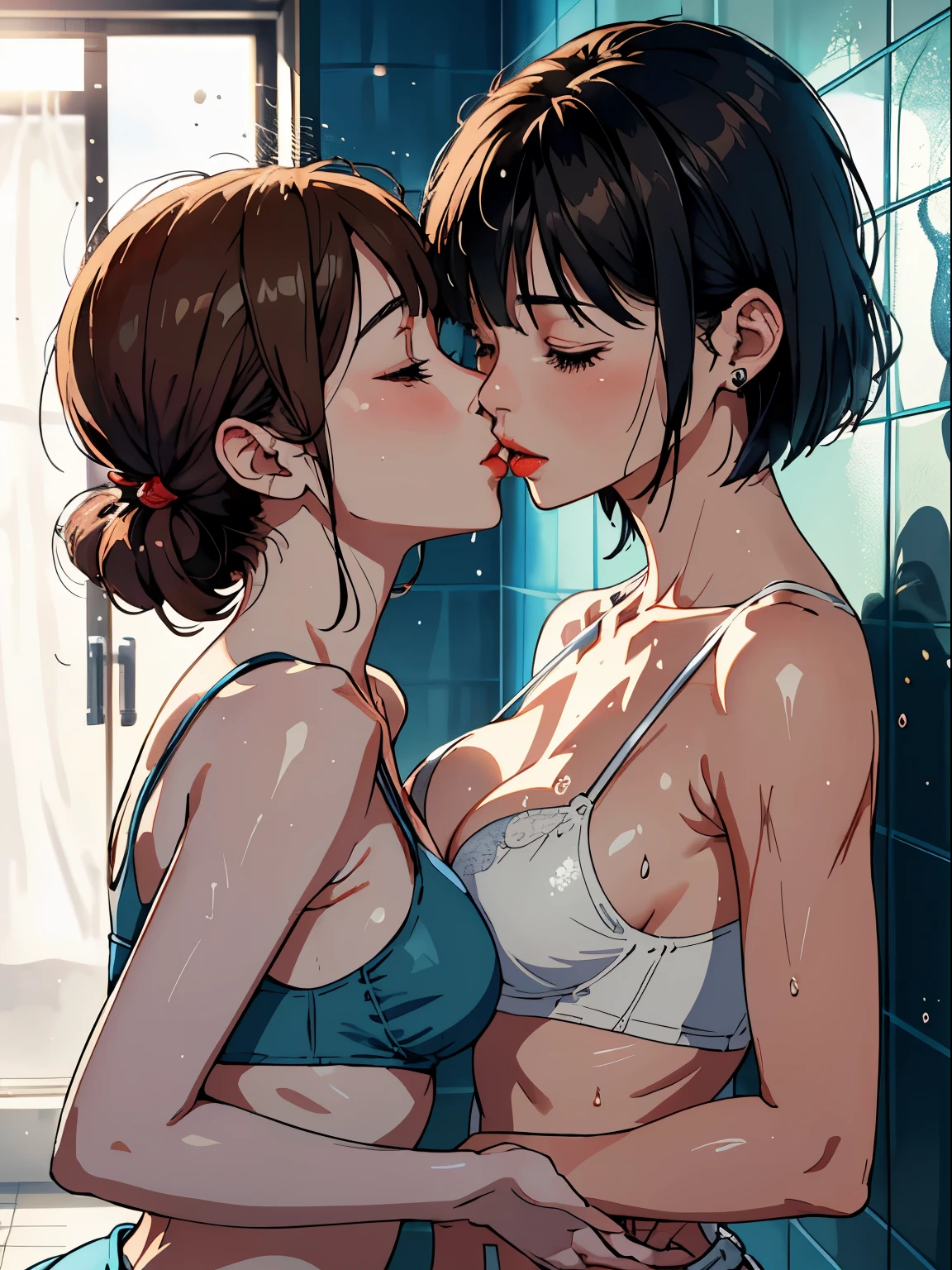 ​masterpiece, top-quality, Hi-Res,((( 2girls))), ((Yuri)), ((the kiss:1.4)), (French Kissing), red blush:0.2, closed her eyes:0.5, (tongue), (Saliva), ((Touch)), hand on the breastustup、bulging bust top、(pink brassiere)、Light Blue Bra、(Brown skin)、Whitening skin)、long eyelashes、(The voluminous lips)、lips 、Slender eyeig eyes with double eyelids)、a short bob、poneyTail、Ear-piercing、Blue eyerown eyes、round and big buttocks、toned little buttocks、(Pointed bust top)、((the whole body is wet))、beatiful backgrounds、Shower on the wall、Shower room、((Heavy shower))、浴室、Tiled、steam、Accurate drawing、Elaborate illustrations、Detailed drawing、Anatomy of the human body、Perfect picture、Perfect Beautiful Girl、high-class sense、executive、celebrity、rich、