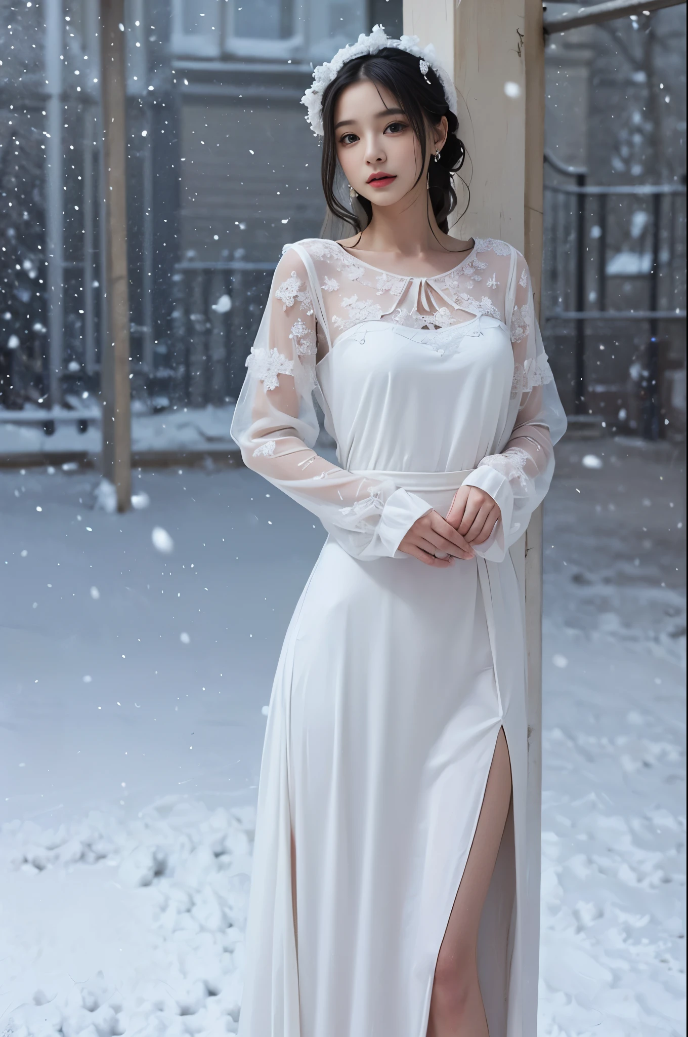tmasterpiece，Best quality，Stunning beauty，1 mother，Black and white，She is a model，Wear a stylish dreseautiful figure，She is 38 years old，Her eyes are blue，Snow-whiteskin，Tall and tall。
