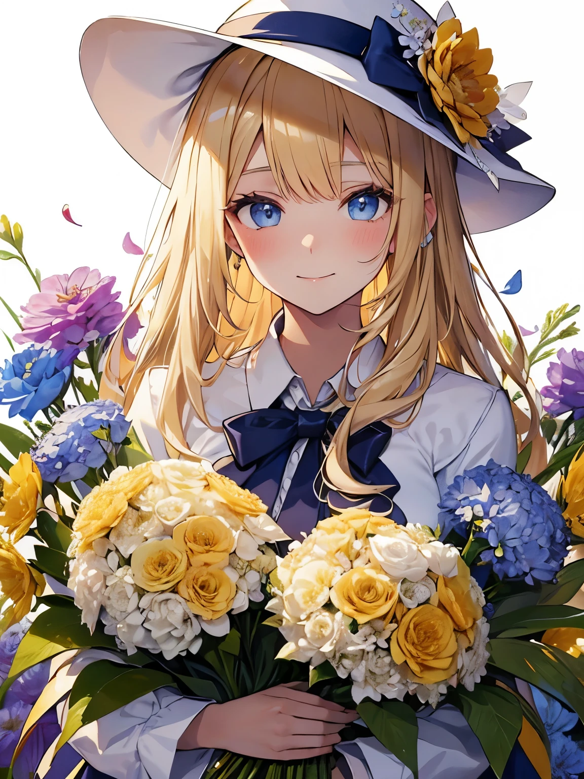 a young woman with bright blonde hair standing next to a bunch of flowers and wearing a hat, 1girl in, flower, Solo, Blue eyes, Smile, bouquet, Looking at Viewer, Golden hair, white Background, colorful flower, Bow, blush, Background, Holding, upper body, a closeup、 head shot, Bangs, Holding bouquet,