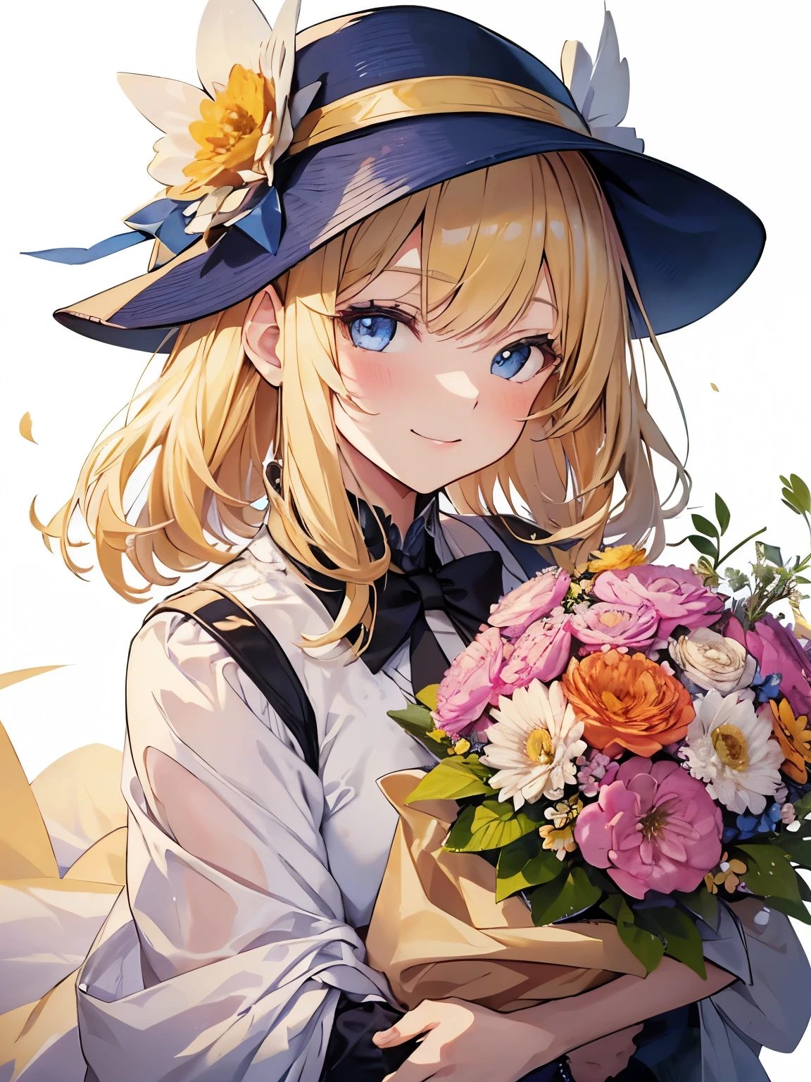 a young woman with bright blonde hair standing next to a bunch of flowers and wearing a hat, 1girl in, flower, Solo, Blue eyes, Smile, bouquet, Looking at Viewer, Golden hair, white Background, colorful flower, Bow, blush, Background, Holding, upper body, a closeup、 head shot, Bangs, Holding bouquet,