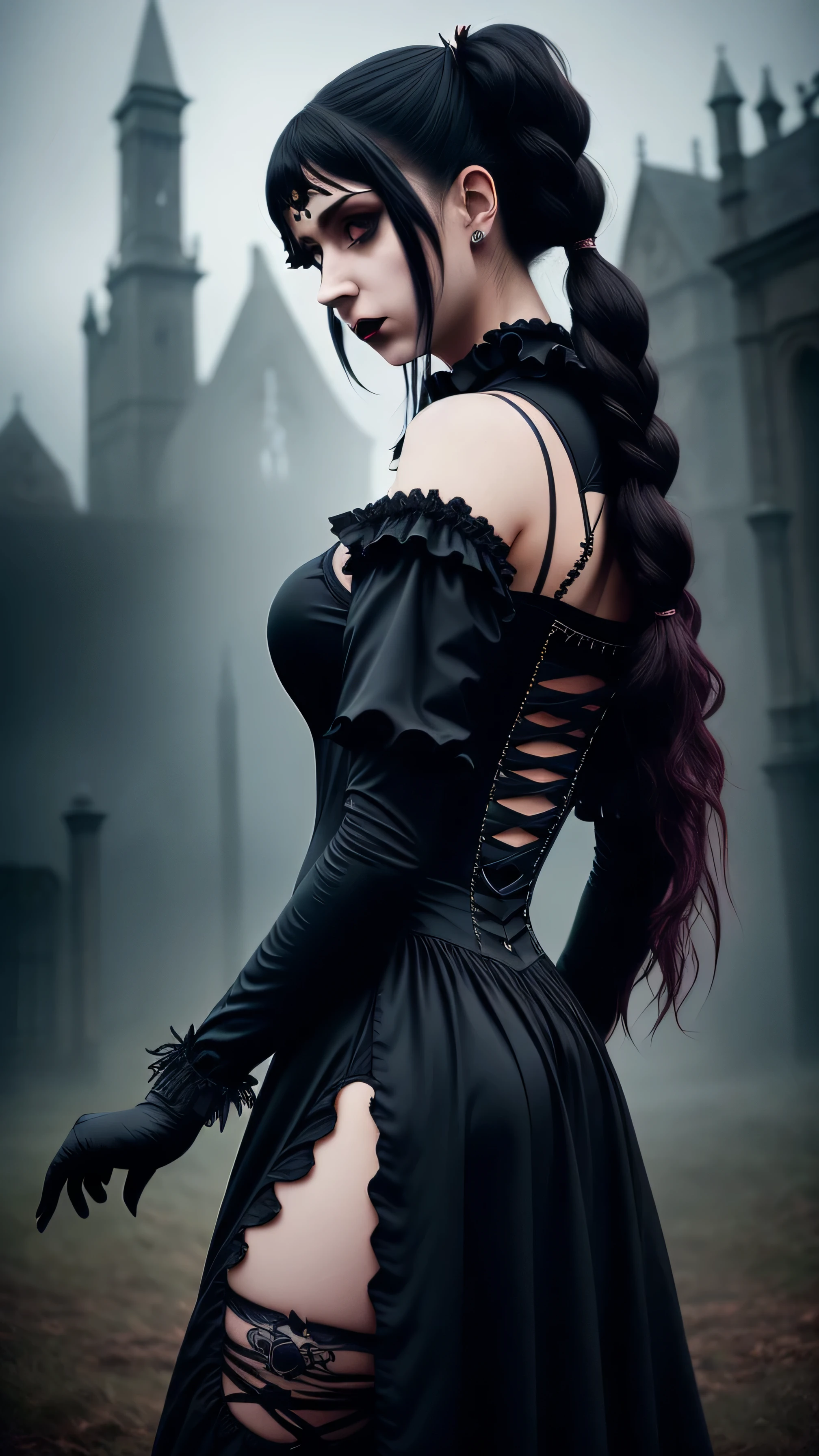 Official Art, Unity 8k wallpaper, ultra-detailed, beautiful, beautiful, ((New Goth gal:1.4)), masterpiece, best quality, dark, atmospheric, mystical, romantic, creepy, literature, art, fashion, victorian, decoration, intricate, ironwork, lace, contemplation, emotional depth, supernatural, 1 girl, solo, hip, , Dancing lightly. backwadrs, Looking back. Very sexy, with chin resting on shoulder