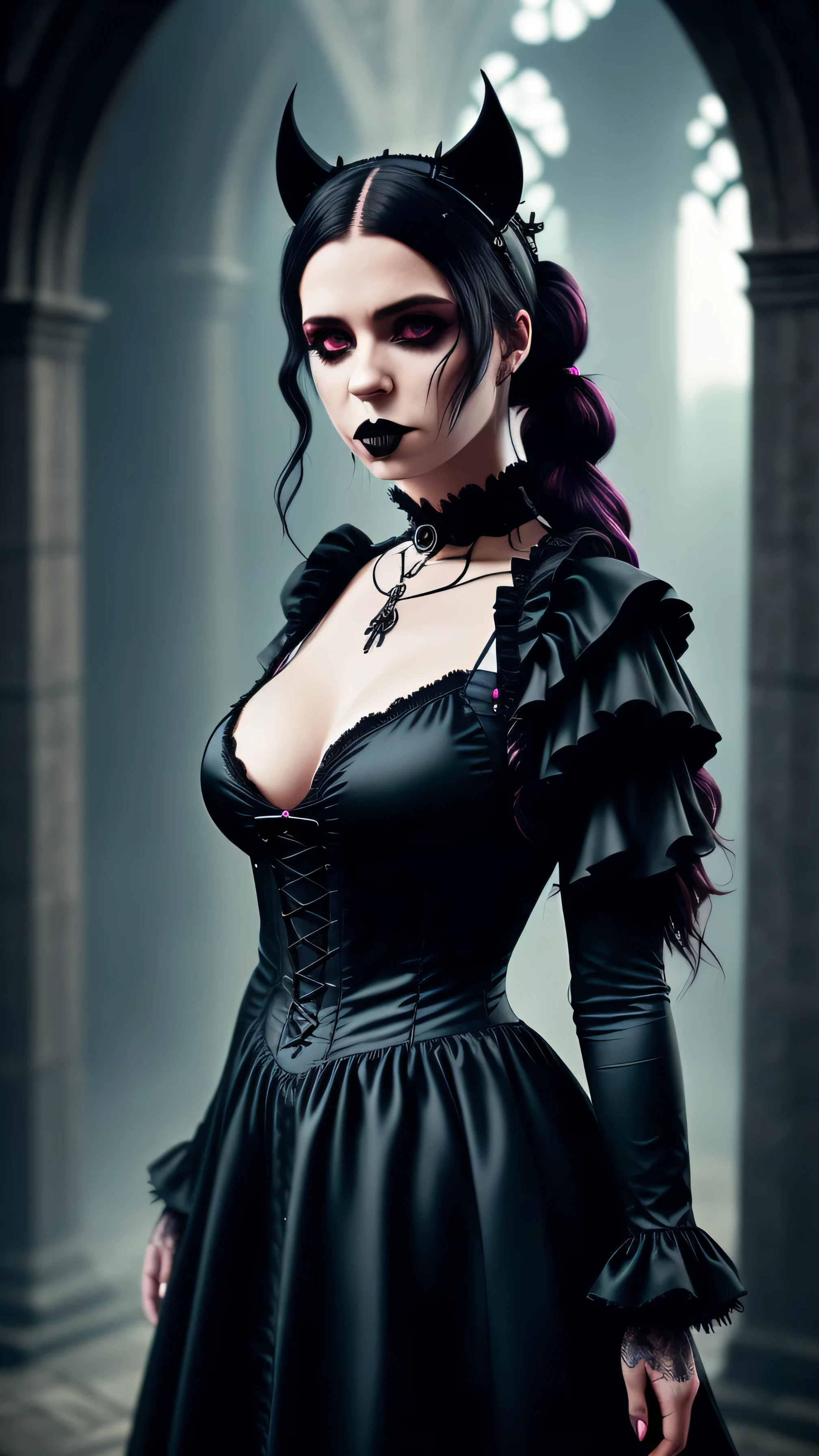 girl, (erotism:1.3), (gothic dress:1.3), highly detailed, black long hair pig tails, empress, black lipstick, Cinematic film still, hdr, cinematic lighting, (volumetric fog:0.7)