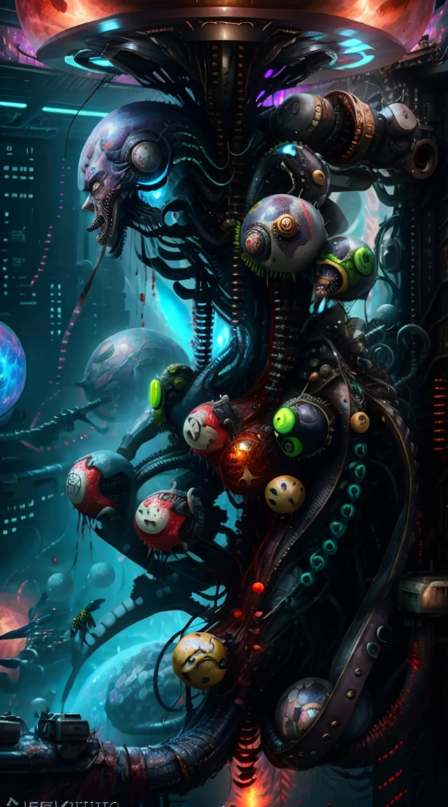 Vertical digital illustration surreal and visionary art mixed sci-fi terror cosmic comics, to wide angle city buildings with carbon fiber , multidimensional creatures based carbon fiber life, the city It feeds on blood, neon lights, post apocalyptic, multichromatic, devil creatures, Encapsulated nature, tree inside a glass capsule, blood moon Vanishing , capsules_ blood biobattery, unified theory, hr giger, frank Frasetta, Alex Gray, dark psychodelic, vivid color, depth of fie, motors, wires, buttons, lcd, artstation trending, unreal engine 5