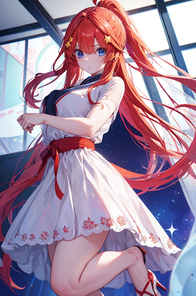 Satsuki Nakano, Itsuki Nakano, Bangs, Blue eyes, hair between eye, Ahoge, Red hair, Underponytail，Star \(symbol\), Hair Ornament, Star hair ornament、，B Leak point:1.2), Best Quality, High resolution, Unity 8k壁纸, (Illustration:0.8), (Beautiful detailed eyes:1.6), extra detailed face, Perfect Lighting, extremely details CG, (Perfect hands, Perfect Anatomy),Dresses with visible backs，a miniskirt，pin heels，venue