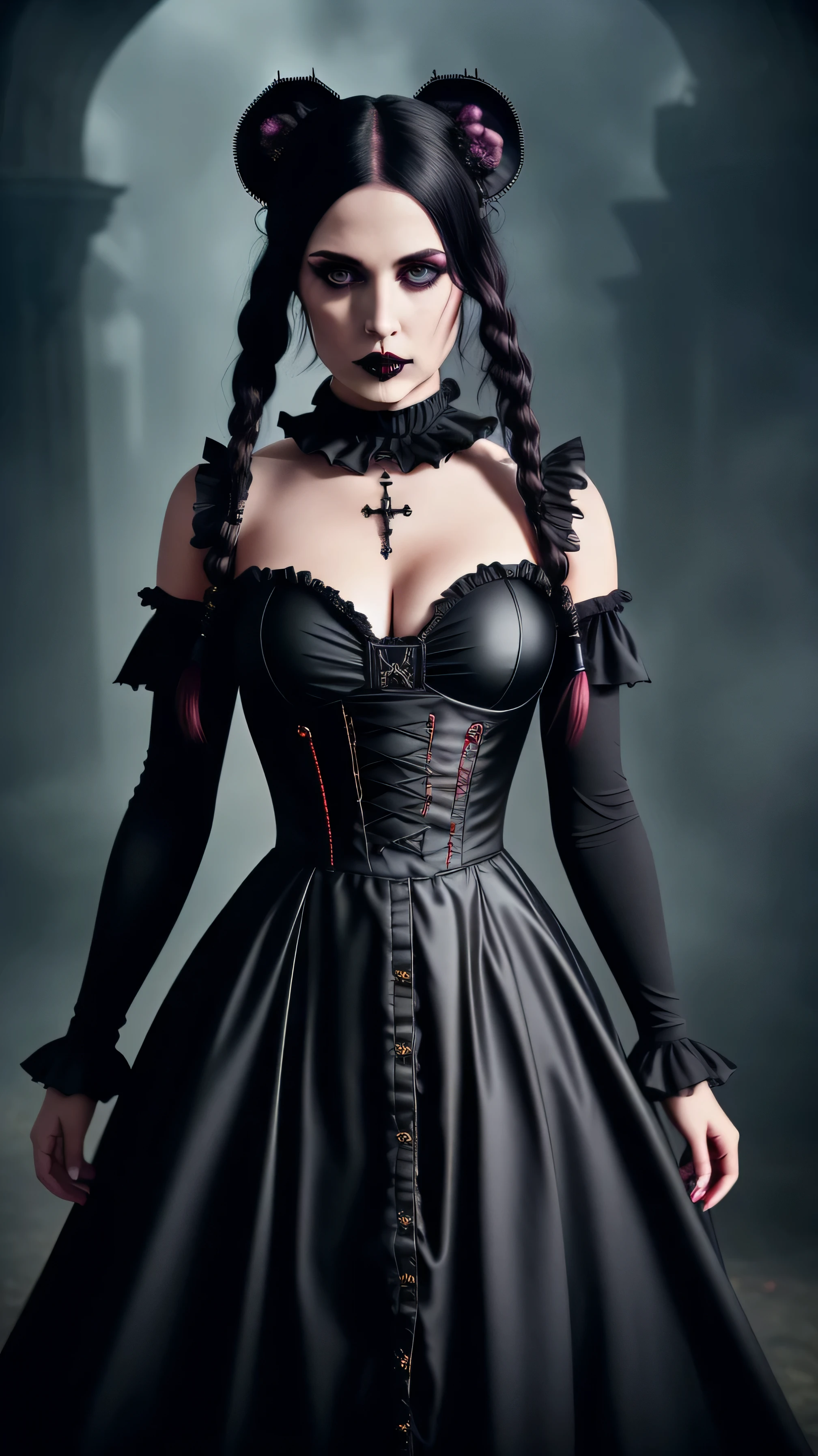 girl, (erotism:1.3), (gothic dress:1.3), highly detailed, black long  hair pig tails, empress, black lipstick, Cinematic film still, hdr, cinematic lighting, (volumetric fog:0.7)