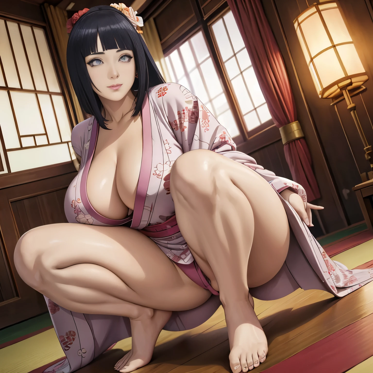 Masterpiece, best quality photo, 32K HDR resolution, 1Woman, beautiful woman, wearing luxurious kimono, Tight Kimono, , Gigantic breast, Beautiful leg, Squatting, at wedding ceremony, happy expression, showing her legs, looking viewer.