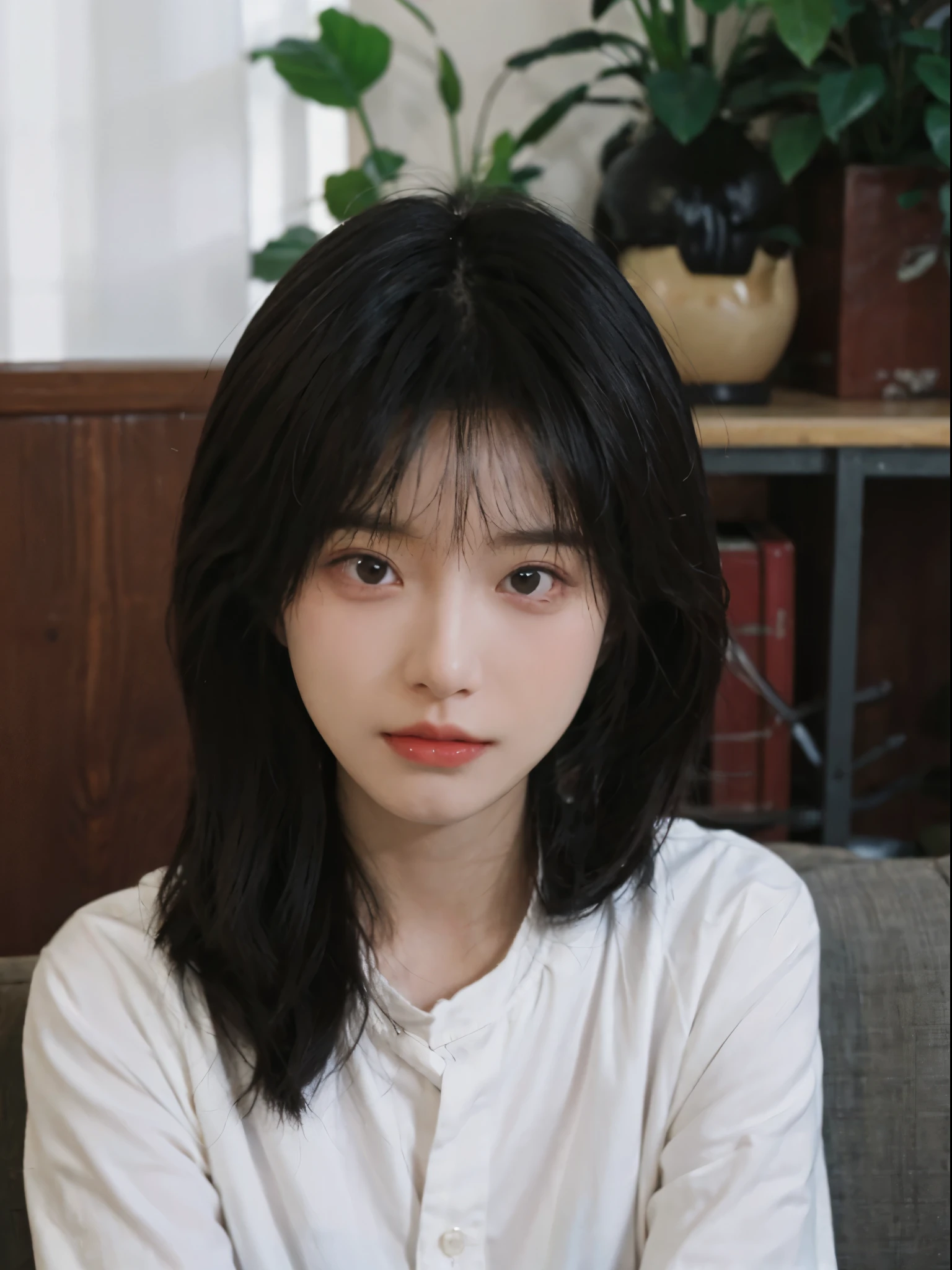 best qualtiy, 超高分辨率, (realisticlying:1.4),Fide (arafed) longblackhair、Asian woman in white shirt, soft portrait shot 8 k, she has black hair With bangs, jinyoung shin, IU, 8k artistic german bokeh, soft portrait, Nam Jae-yeon, innocent look, ulzzangs, Starting from 8K matte, Bae Xiuzhi, With cute doting eyes, 🤤 girl portrait, With bangs