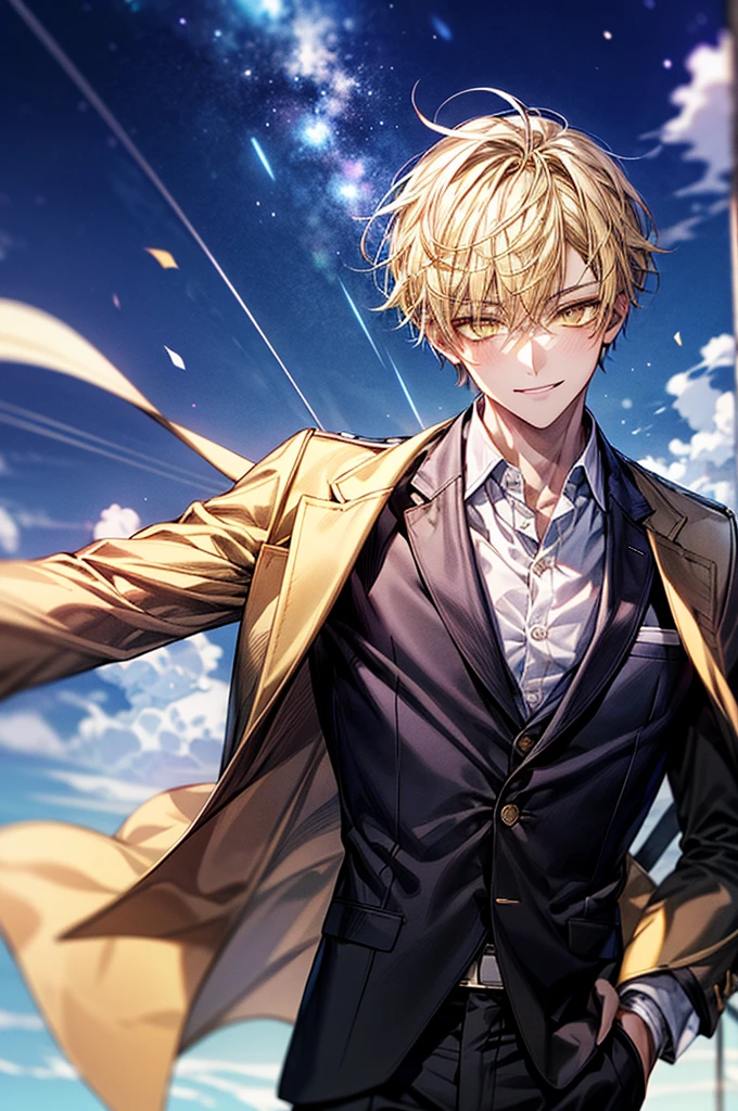 Depiction in motion、T hotel masterpiece,best qualtiy,1 male、Face Focus,Young men,short yellow hair,Yellow eyes、A smile,gray blazer uniform,trouser,Heavenly sky background,beautiful eye quality,facial detailing,schools(tmasterpiece,best qualtiy),