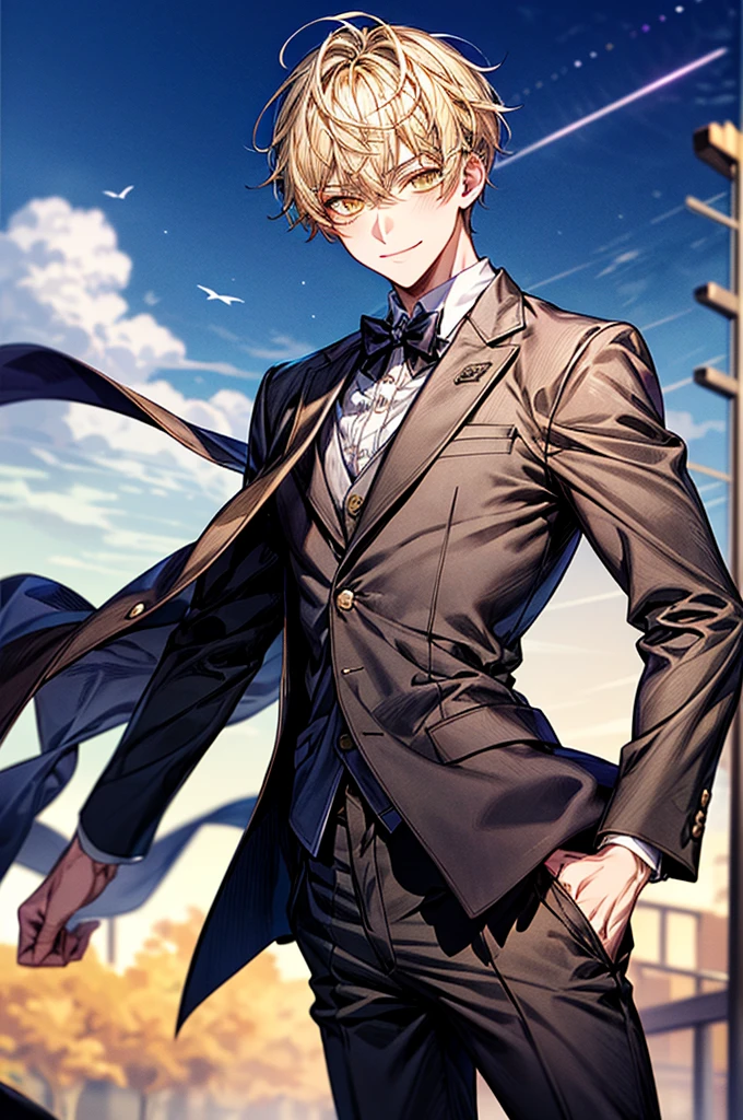 Depiction in motion、T hotel masterpiece,best qualtiy,1 male、Face Focus,Young men,short yellow hair,Yellow eyes、A smile,gray blazer uniform,trouser,Heavenly sky background,beautiful eye quality,facial detailing,schools(tmasterpiece,best qualtiy),