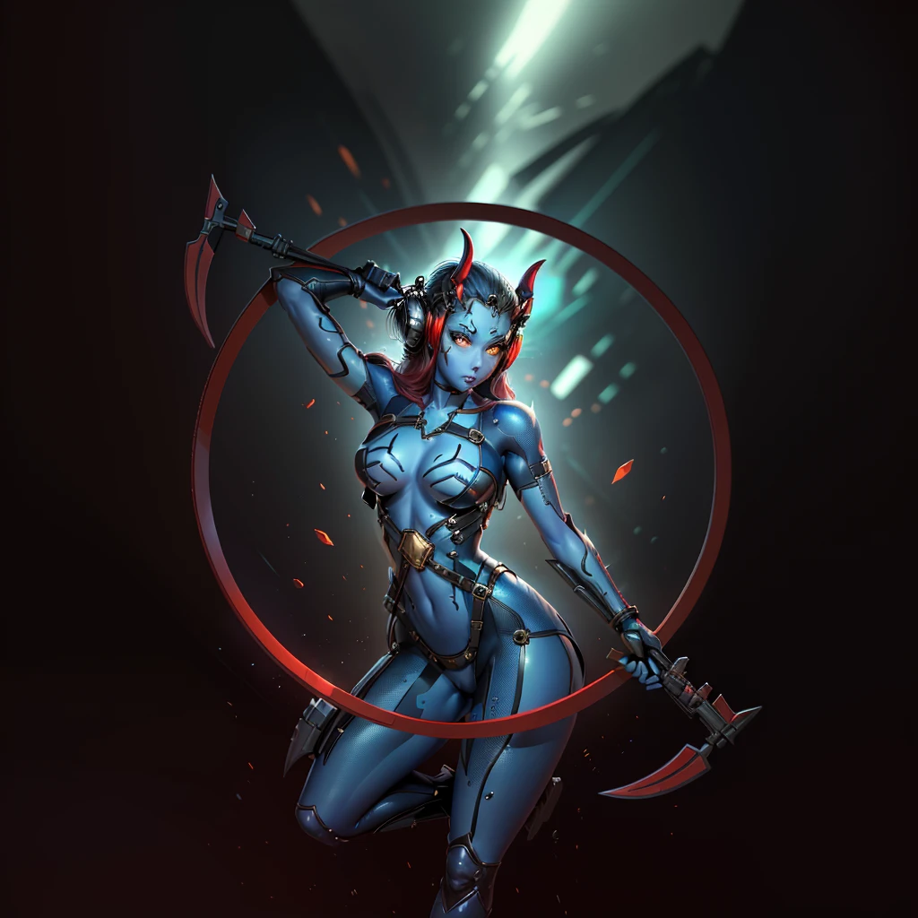 Alien girl, beautiful,sexy, perfect proportionate, red armour, weapon in hand, full body, blue skin