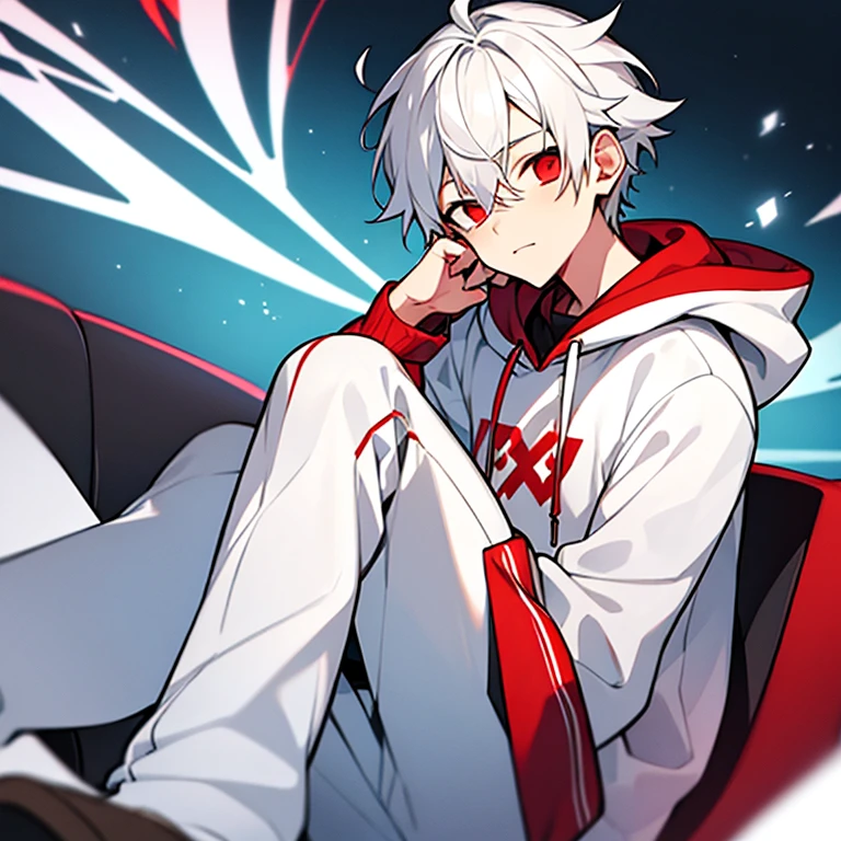 1boy, white hair, red eyes, white hoodie, headphone on neck, look at viewer from beside, handsome and cute, white jeans, cross legs,