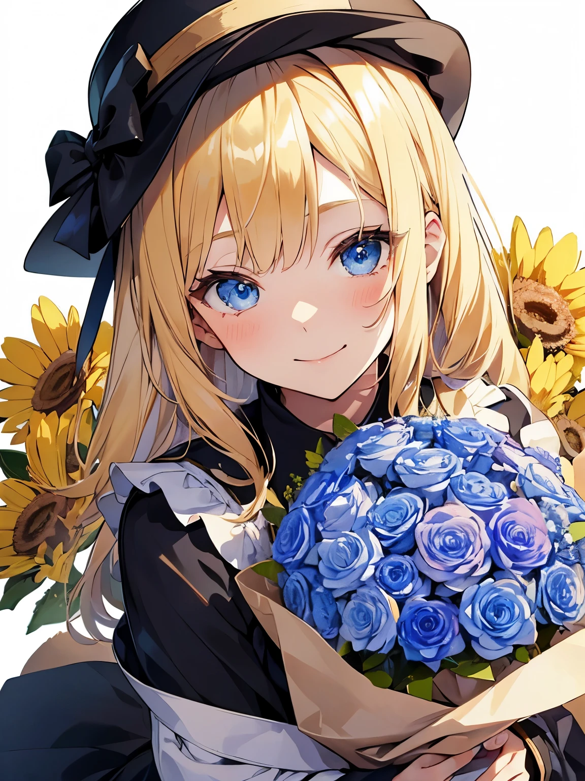 a young woman with bright blonde hair standing next to a bunch of flowers and wearing a hat, 1girl in, flower, Solo, Blue eyes, Smile, bouquet, Looking at Viewer, Golden hair, white Background, colorful flower, Bow, blush, Background, Holding, upper body, a closeup、 head shot, Bangs, Holding bouquet,