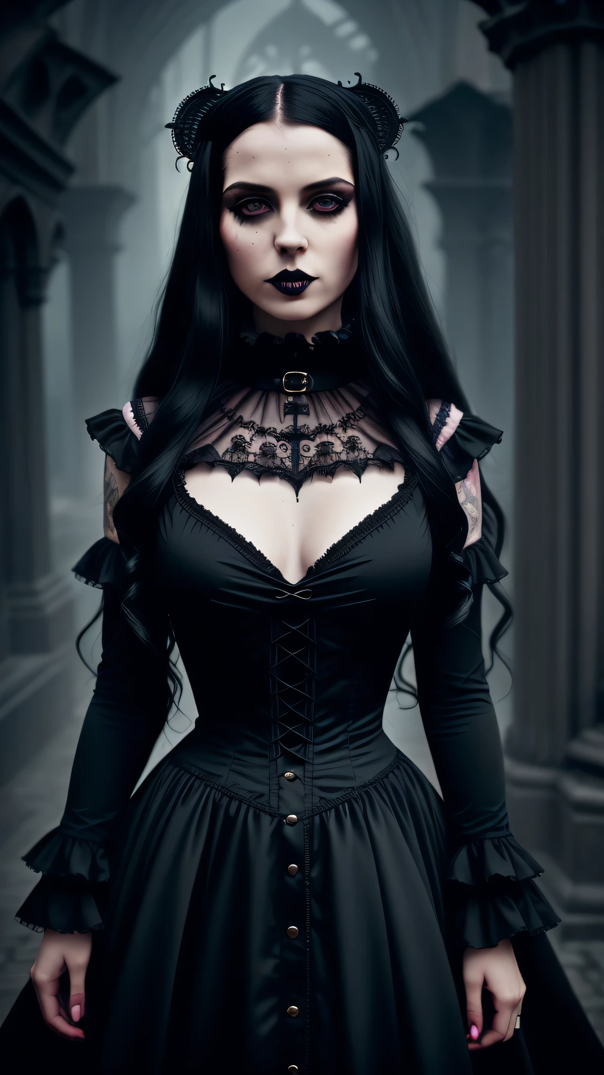 girl, (erotism:1.3), (gothic dress:1.3), highly detailed, black long hair, empress, black lipstick, Cinematic film still, hdr, cinematic lighting, (volumetric fog:0.7)