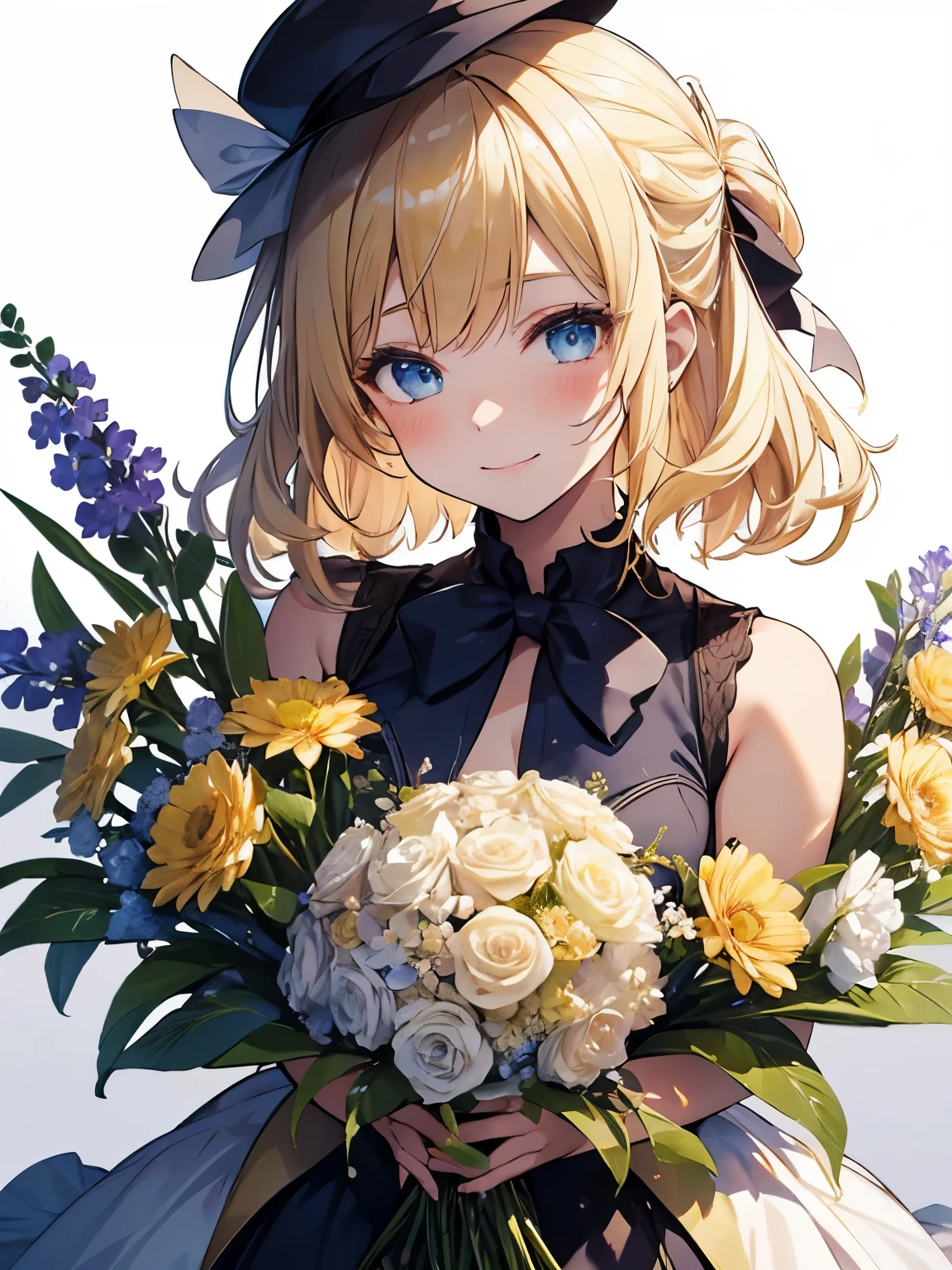 a young woman with bright blonde hair standing next to a bunch of flowers and wearing a hat, 1girl in, flower, Solo, Blue eyes, Smile, bouquet, Looking at Viewer, Golden hair, white Background, colorful flower, Bow, blush, Background, Holding, upper body, a closeup、 head shot, Bangs, Holding bouquet,