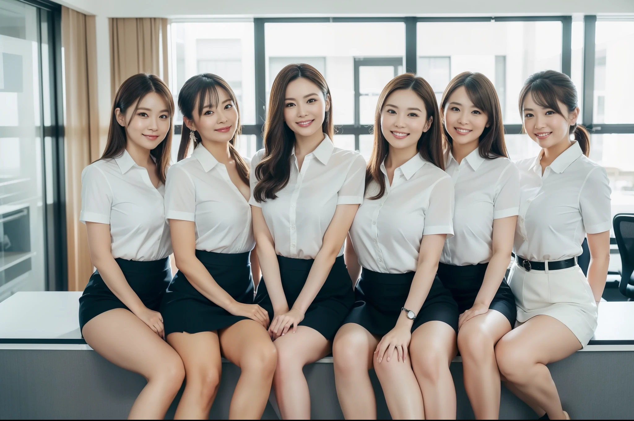 ((Best Quality, 8k, Masterpiecedetails, ultra-high resolution)), (group picture)(looking at the viewer), (full shot:), attractive business 5 milfs, 5 people, a bit chubby:0.25, white collared shirt, grey skirt, (sitting with cross legs on office desks)), smile, office of CEO,