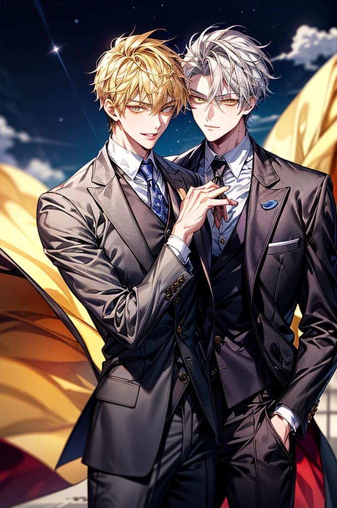 anime handsome guy, Dark suit, Handsome anime pose in suit and tie、Depiction in motion、1 male、Face Focus,Young men,short yellow hair,Yellow eyes、A smile,gray blazer uniform,trouser,Heavenly sky background,beautiful eye quality,facial detailing,schools(tmasterpiece,best qualtiy),