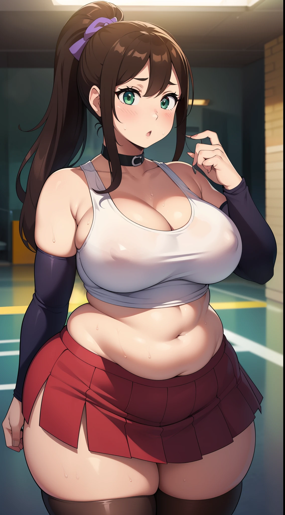 ((Masterpiece)), perfect anatomy, perfect shading, field of depth, (best quality), extremely delicate and beautiful, perfect lighting, detailed face, ultra cute face, cute, (cowboy shot 1.2) , looking at viewer, full body, (((1girl))), (((solo))), cheerleader
long hair, fluffy hair, brown hair, ponytail, green eyes, ((blush)), worried, (cheerleader uniform), (white tank top 1.2), (short section red skirt 1.2), thigh highs, chocker, extremely tight clothes, large breasts, cleavage, perky breasts, (wide hips), (thick thighs), chubby, fat folds, belly hang,
School gym, intricate background, detailed background, sweaty,