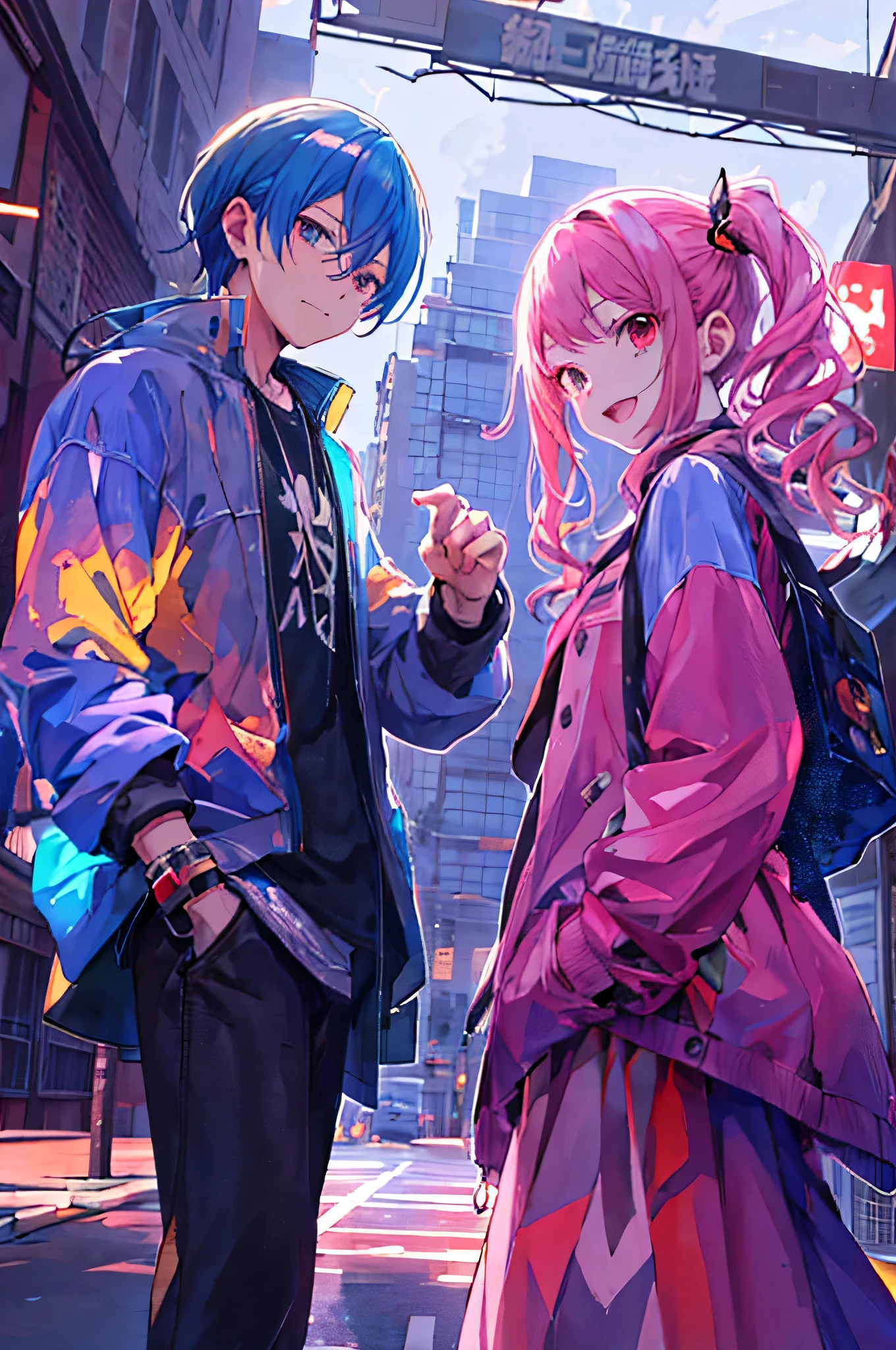 Anime characters standing on the streets of the city,The background is the building, style of anime 4 k, best anime 4k konachan wallpapers, 2 d style of anime, anime wallpaper4k, anime wallpaper4K, 4kanime wallpaper, style of anime. 8K, High quality anime art style, Girly frontline style, modern style of anime, hd anime wallpaper, anime wallpaper