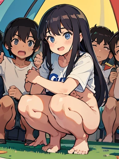 nudist girl squatting、Lots of friendly elementary school boys hugging each other、surround each other's faces、Laughter and joy、long shot selfie、Commemorative photo、In the tent、Intense shame、Leaning forward