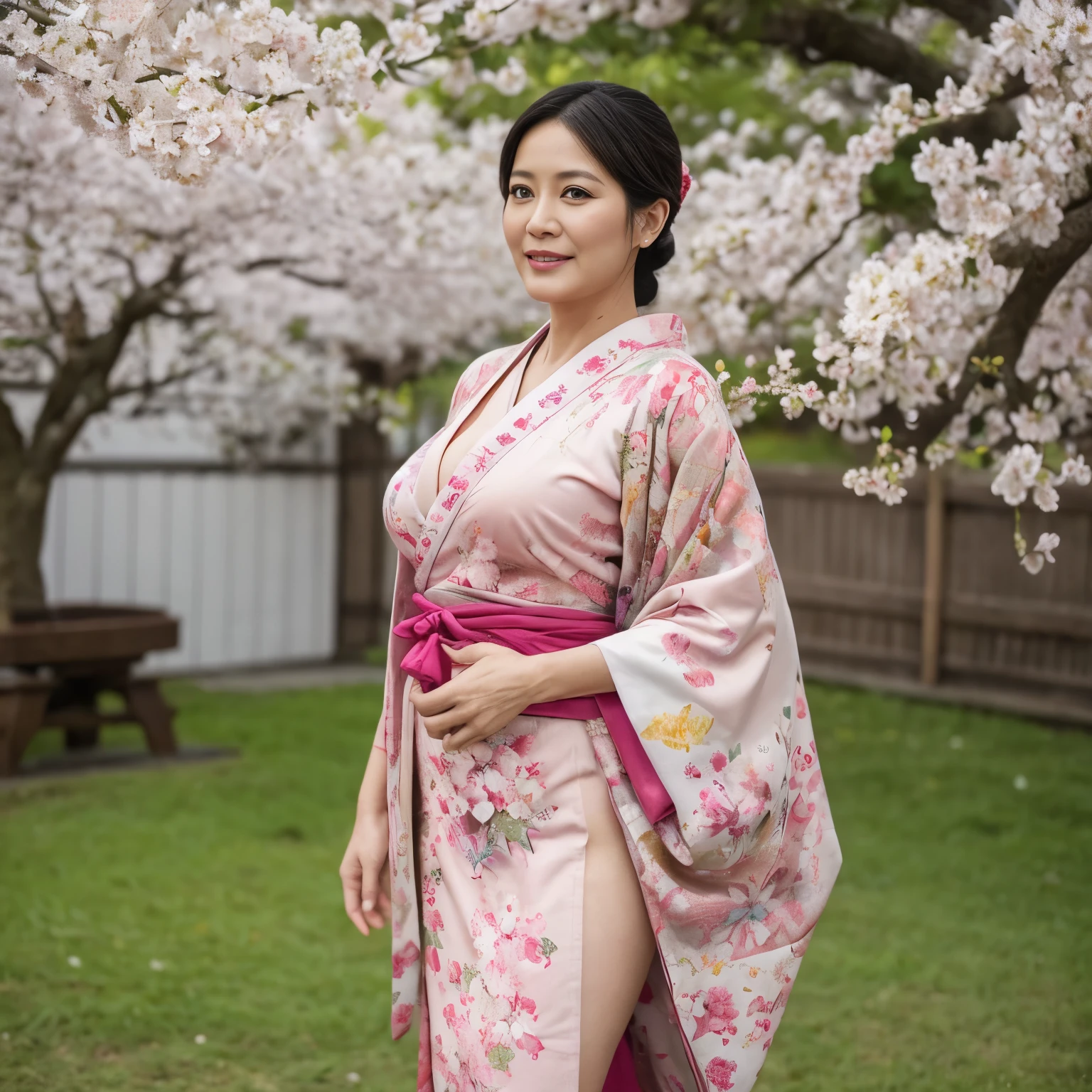 49-Years-Old, Indonesian Beautiful Mature woman, wearing Kimono, Tight Kimono, , Full body, Huge Natural breast : 28.9, Hard Nipple erection Through, Summer festival, At Cherry Blossom garden.