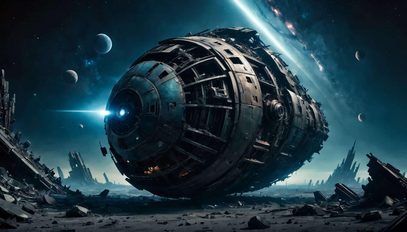(best quality,4k,highres),(ultra-detailed,realistic:1.37),(sci-fi),(HDR,UHD,studio lighting),(dark and mysterious ambiance,bluish tint),(ancient,otherworldly),(gigantic wreckage floating in space),(highly damaged),(metal debris),(advanced alien technology),(glowing symbols),(interstellar travel),(silent and eerie),(space exploration),(unearthly atmosphere),(twisted and distorted structure),(fading colors),(deserted and abandoned),(engraved enigmaquisite craftsmanship),(timeless)(end)