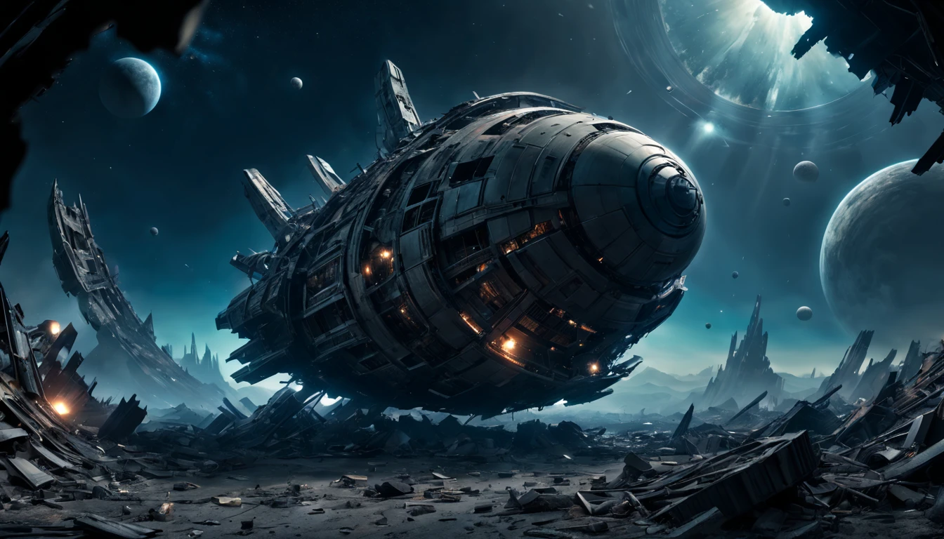 (best quality,4k,highres),(ultra-detailed,realistic:1.37),(sci-fi),(HDR,UHD,studio lighting),(dark and mysterious ambiance,bluish tint),(ancient,otherworldly),(gigantic wreckage floating in space),(highly damaged),(metal debris),(advanced alien technology),(glowing symbols),(interstellar travel),(silent and eerie),(space exploration),(unearthly atmosphere),(twisted and distorted structure),(fading colors),(deserted and abandoned),(engraved enigmaquisite craftsmanship),(timeless)(end)