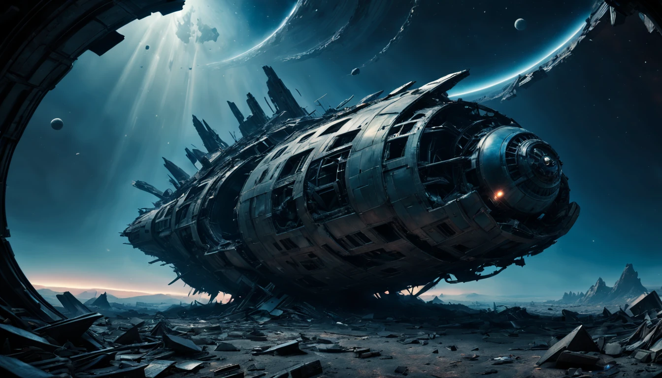 (best quality,4k,highres),(ultra-detailed,realistic:1.37),(sci-fi),(HDR,UHD,studio lighting),(dark and mysterious ambiance,bluish tint),(ancient,otherworldly),(gigantic wreckage floating in space),(highly damaged),(metal debris),(advanced alien technology),(glowing symbols),(interstellar travel),(silent and eerie),(space exploration),(unearthly atmosphere),(twisted and distorted structure),(fading colors),(deserted and abandoned),(engraved enigmaquisite craftsmanship),(timeless)(end)