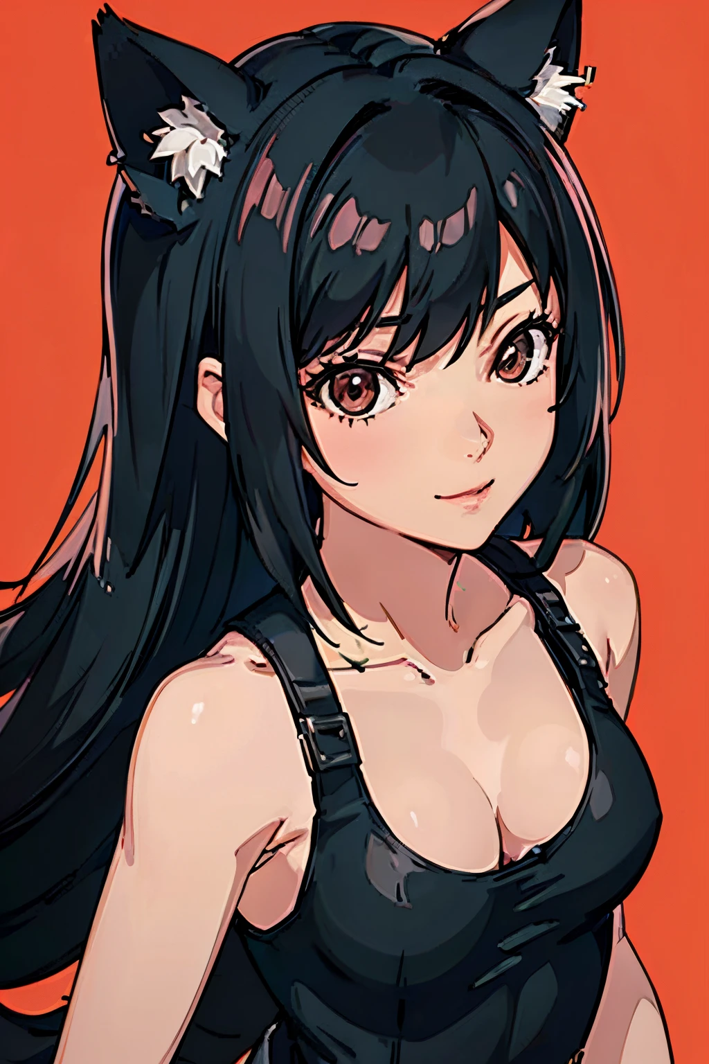 1girl, solo, tifa lockheart, tifa_lockheart \(final fantasy\), tifa_lockheart:1.2, animal ears, earrings, fox ears, hair between eye, (black eyes:1.3), european girl, (SFW:1.3), (small breast:1.4), (face portrait:1.3), tifa , tifa costume, black iris, smile, gamer, red background,  color backgraund, (very black eyes:1.4), tall, slender, instagram model, (brown skin:1.4), (cowboy shot:1.4), italian girl, 28 years old, (blonde hair:0.7)