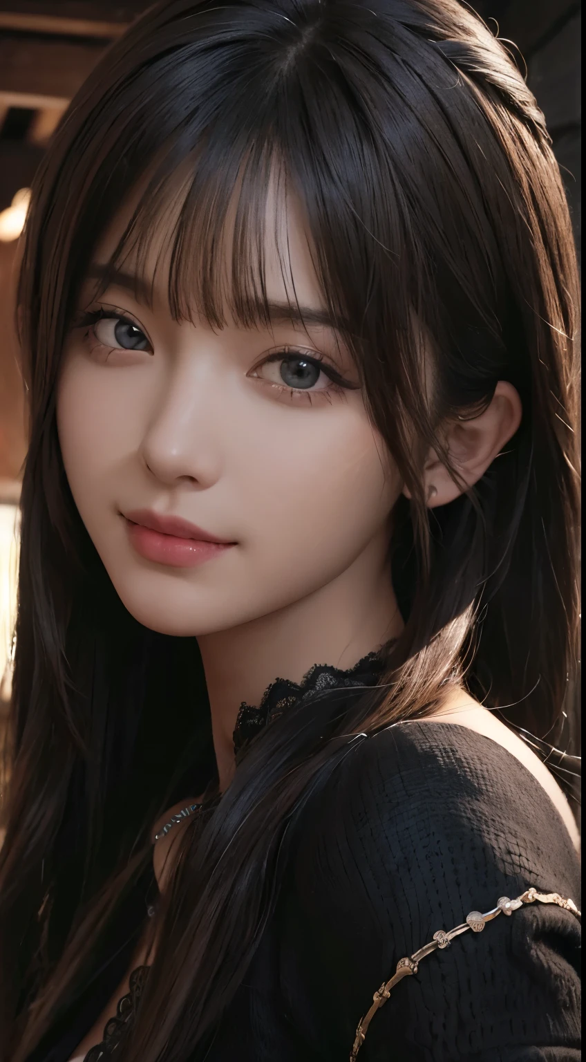 (Ultra Realistic), (Illustration), (Increased Resolution), (8K), (Extremely Detailed), (Best Illustration), (Beautiful and Detailed Eyeest Quality), (Ultra Detailed), (Masterpiece ), ( wallpaper), (detailed face), solo, 1 girl, looking at viewer, fine details, detailed face, in the dark, deep shadows, low key, pureerosfaceace_v1, smiling, long hair, black shawl straight hair , 46 points oblique bangs