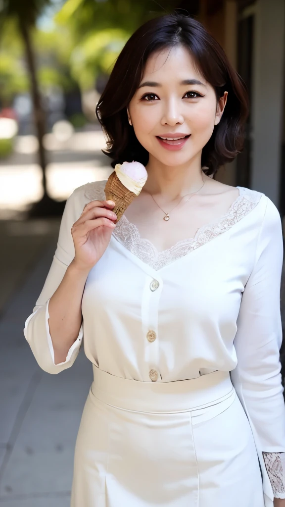 ​masterpiece、1 beautiful 55 year old mature woman、A detailed face、A detailed eye、Detailed skin、top-quality、japanes、Illuminated from the front with bright lighting、profetional lighting、The background is a little blurry、Medium hair、At the beach、outside of house、(having a ice cream)、Outfit: blouse and skirt、((put out the tongue)), ((I have an ice cream in my hand))