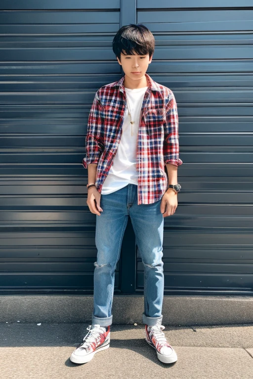 cool Japanese boy wearing an open all the buttons on a plaid shirt, jeans, a belt, and sports shoes standing position.