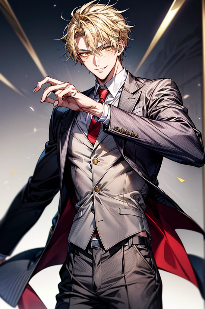 anime handsome guy, Handsome anime poses in gray blazer and red tie、Depiction in motion、1 male、Face Focus，Young men，short yellow hair，Yellow eyes、A smile，gray blazer uniform，trouser，beautiful eye quality，facial detailing，schools（tmasterpiece，best qualtiy），