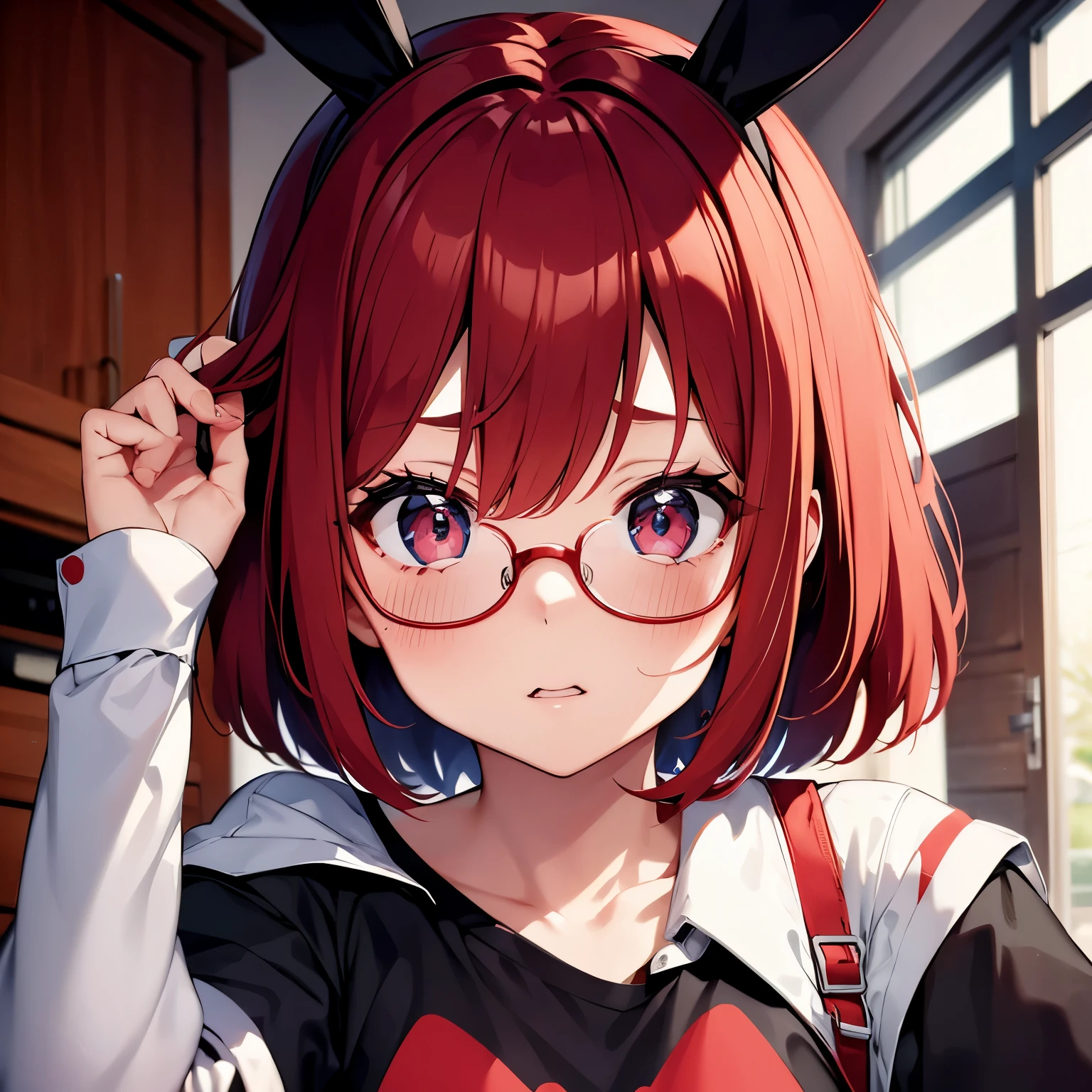 Red hair, red and blue odd eyes, rabbit ears, scared, wears glasses, short height, scared, teary eyes, moe sleeves