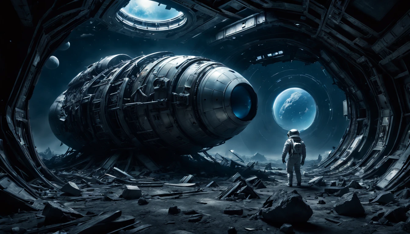(best quality,4k,highres),(ultra-detailed,realistic:1.37),(sci-fi),(HDR,UHD,studio lighting),(dark and mysterious ambiance,bluish tint),(Astronaut explorer),(ancient,otherworldly),(gigantic wreckage floating in space),(highly damaged),(metal debris),(advanced alien technology),(glowing symbols),(interstellar travel),(silent and eerie),(space exploration),(unearthly atmosphere),(twisted and distorted structure),(fading colors),(deserted and abandoned),(engraved enigmaquisite craftsmanship),(timeless)(end)