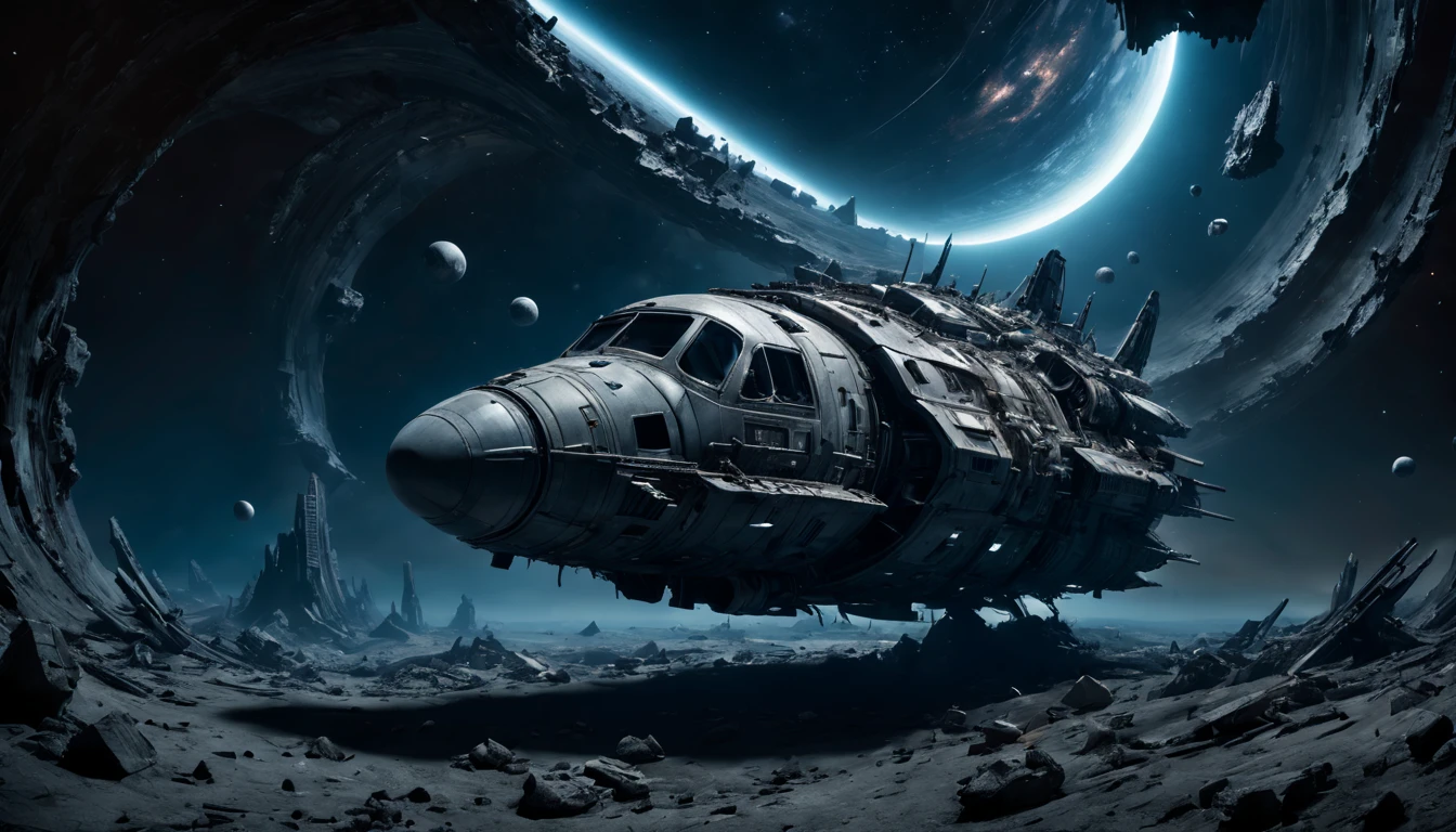 (best quality,4k,highres),(ultra-detailed,realistic:1.37),(sci-fi),(HDR,UHD,studio lighting),(dark and mysterious ambiance,bluish tint),(Astronaut explorer),(ancient,otherworldly),(gigantic wreckage floating in space),(highly damaged),(metal debris),(advanced alien technology),(glowing symbols),(interstellar travel),(silent and eerie),(space exploration),(unearthly atmosphere),(twisted and distorted structure),(fading colors),(deserted and abandoned),(engraved enigmaquisite craftsmanship),(timeless)(end)